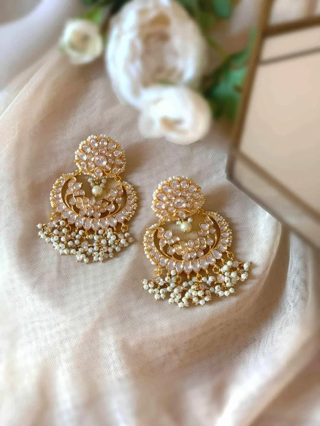 Floral Polki Kundan Chandbali Earring White