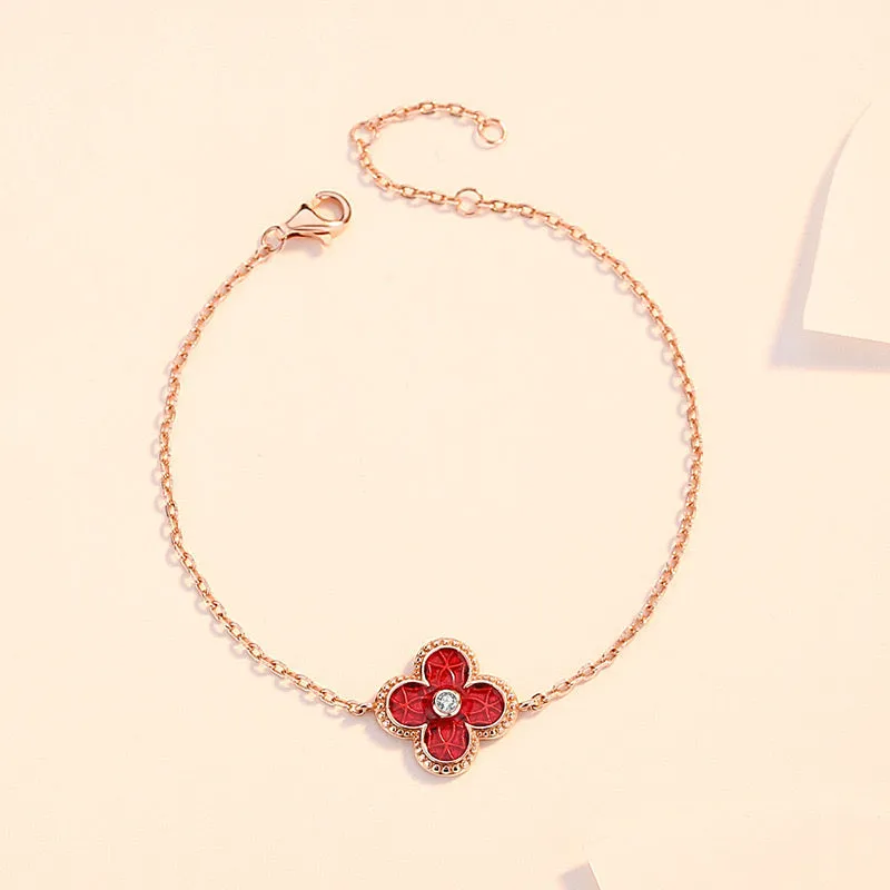 Garnet Red Four Leaf Clover Bracelet - Rose Gold