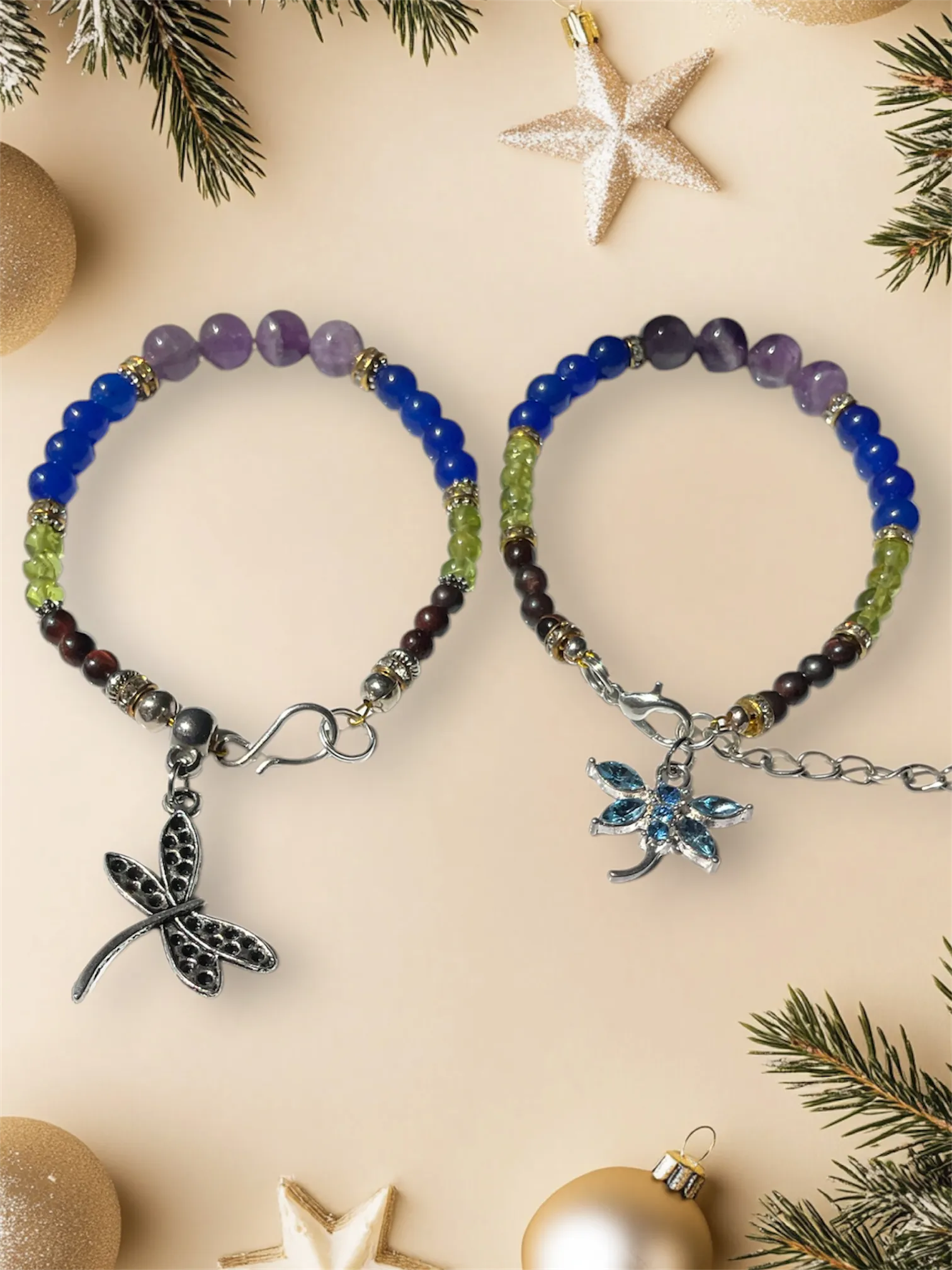 Gemstone Bracelets with Dragonfly charms.