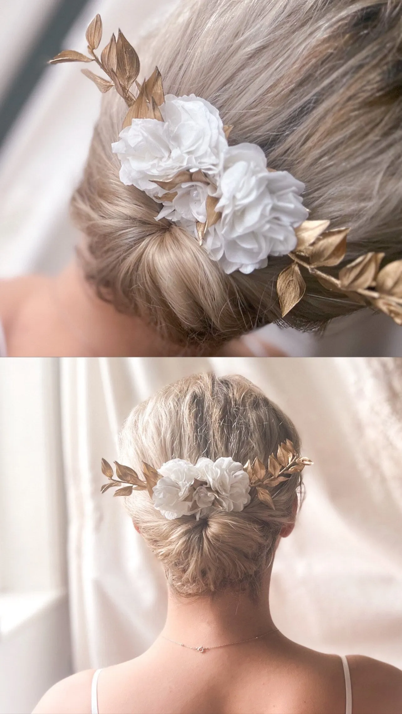 Gold and White Boho Bridal Everlasting Flower Comb, Preserved Hydrangea Italian Ruscus Wedding Hair Comb, Dried Flower Accessories for Bride