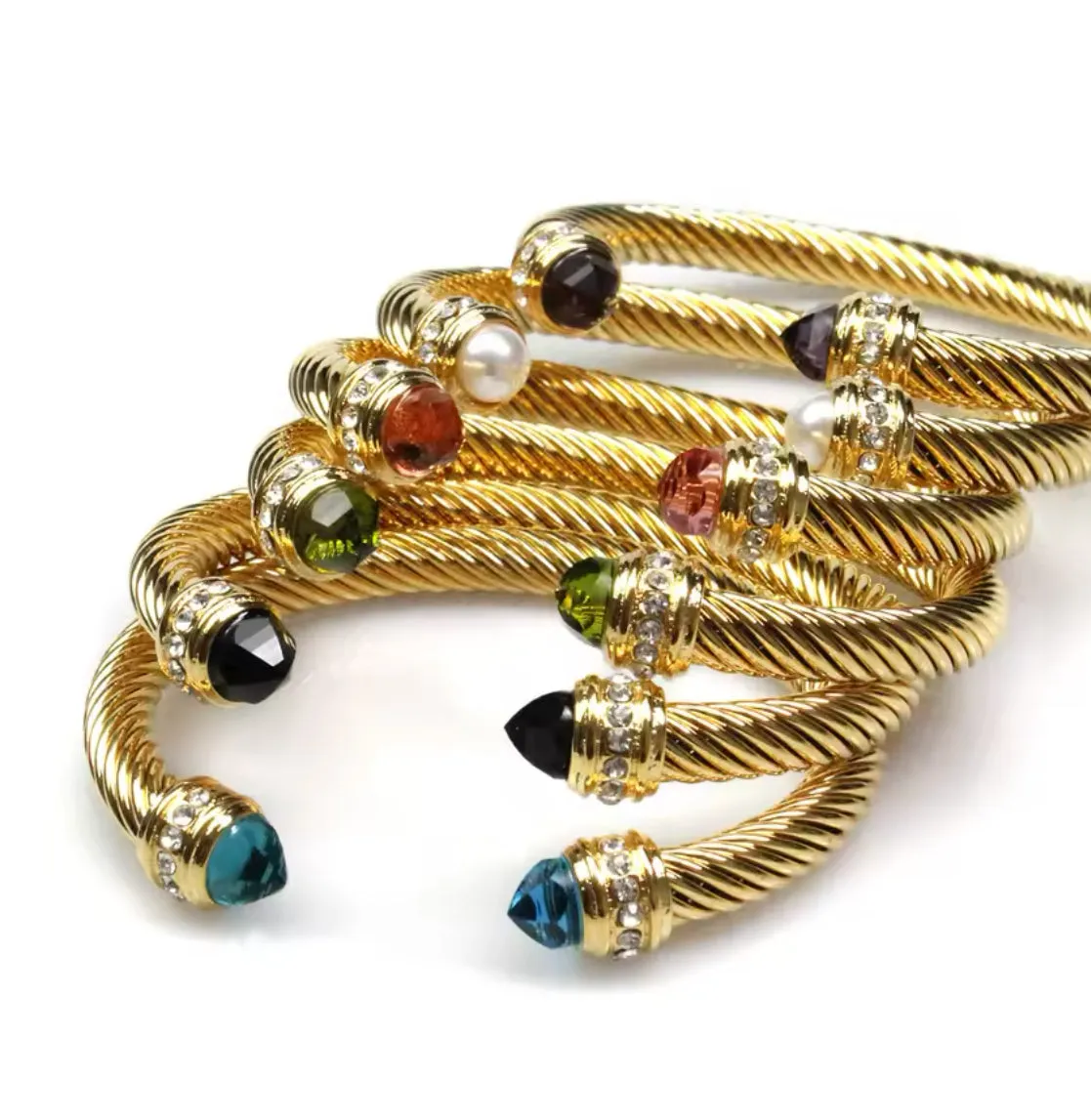 Gold Cable Bracelet with Peridot Green Stone and Crystal Accents