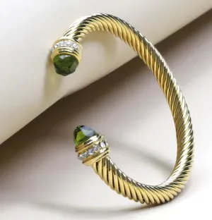 Gold Cable Bracelet with Peridot Green Stone and Crystal Accents