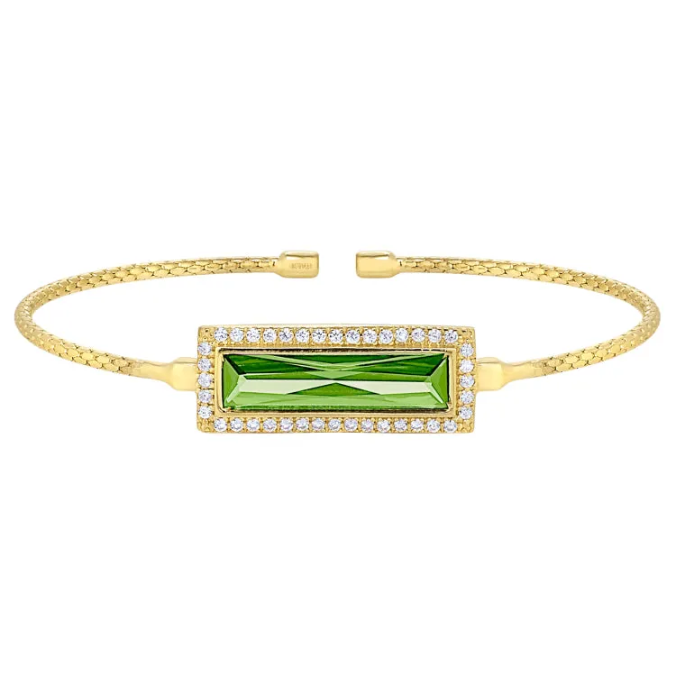 Gold Finish Sterling Silver Cable Cuff Bracelet with Rectangular Simulated Peridot Stone and Simulated Diamonds