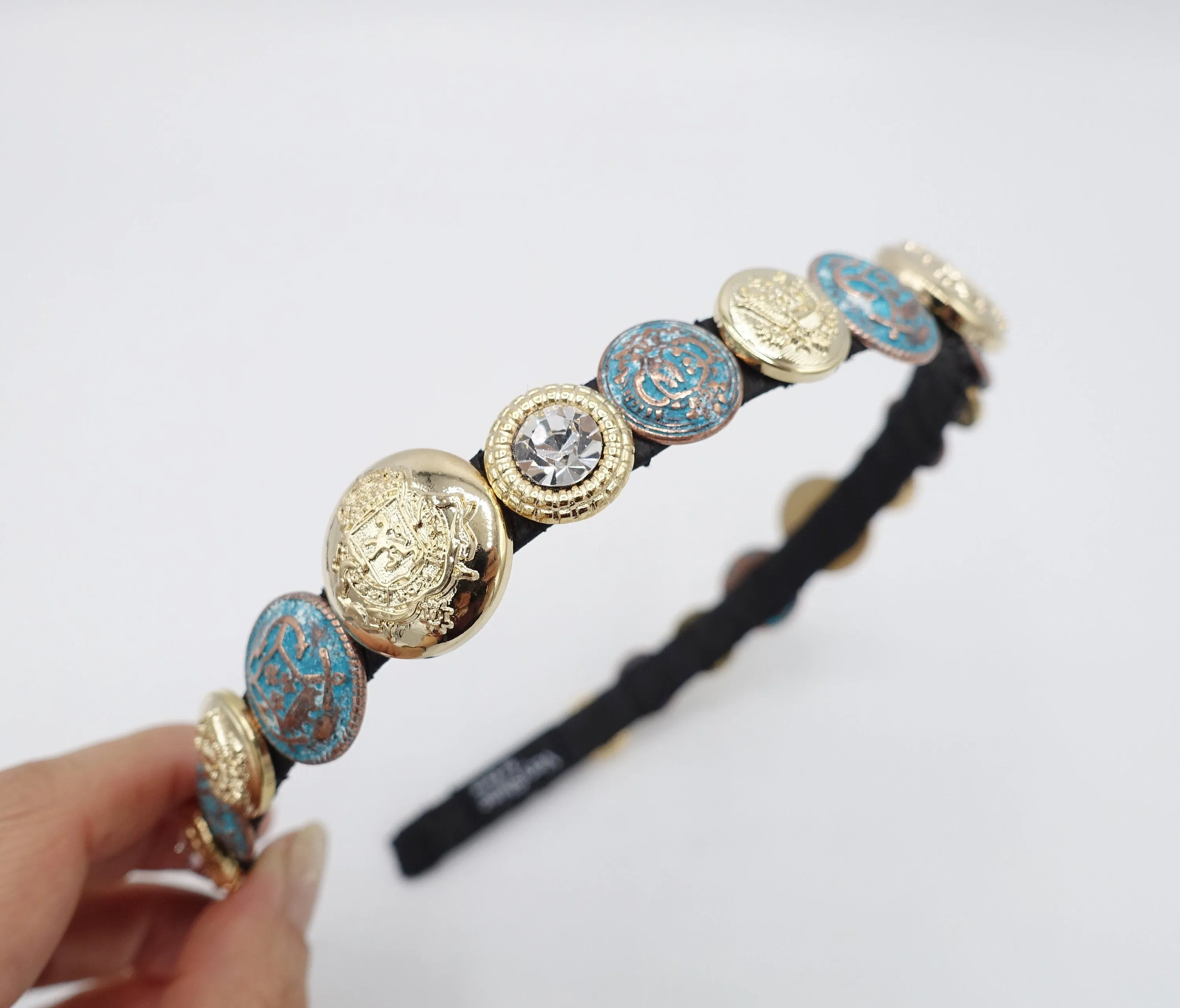 golden button rhinestone embellished thin headband luxury style hairband for women