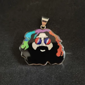 Grateful Dead Jerry Garcia Silhouette Inlay Pendant with Lab Opal, Antler, Resin, Coral and Lapis Lazuli