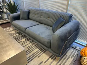 Grey Fabric Sofa W/Channel Tufted Back, Brass Plated Detailing/Hairpin Legs