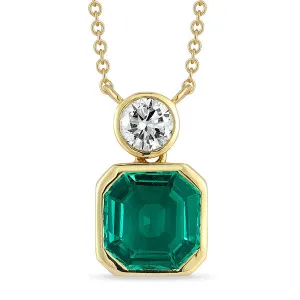 Grown Diamond & Emerald Bezel Necklace in 14K Yellow Gold