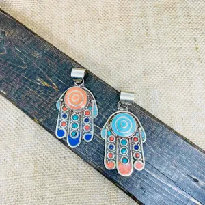 Hamsa Pendant, Hands of Fatima Necklace, Bohemian Jewelry, Protection Necklace, Turquoise Coral Lapis Lazuli Pendant , Gift for Him/Her,