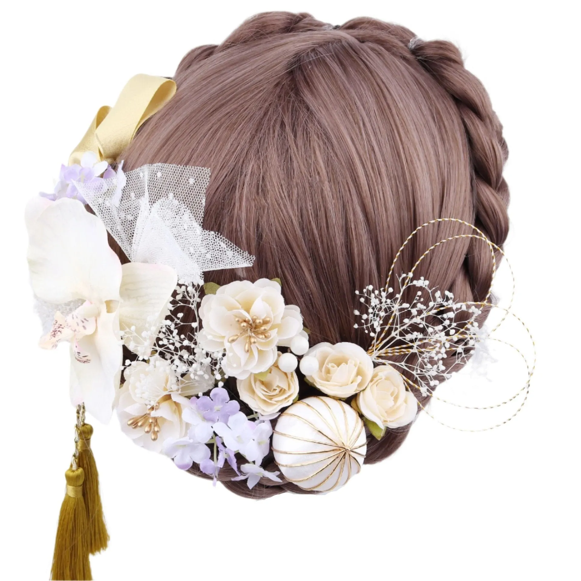 Handmade Tsumami Kanzashi Hairpin 18 Piece Set 【Champagne Wedding】