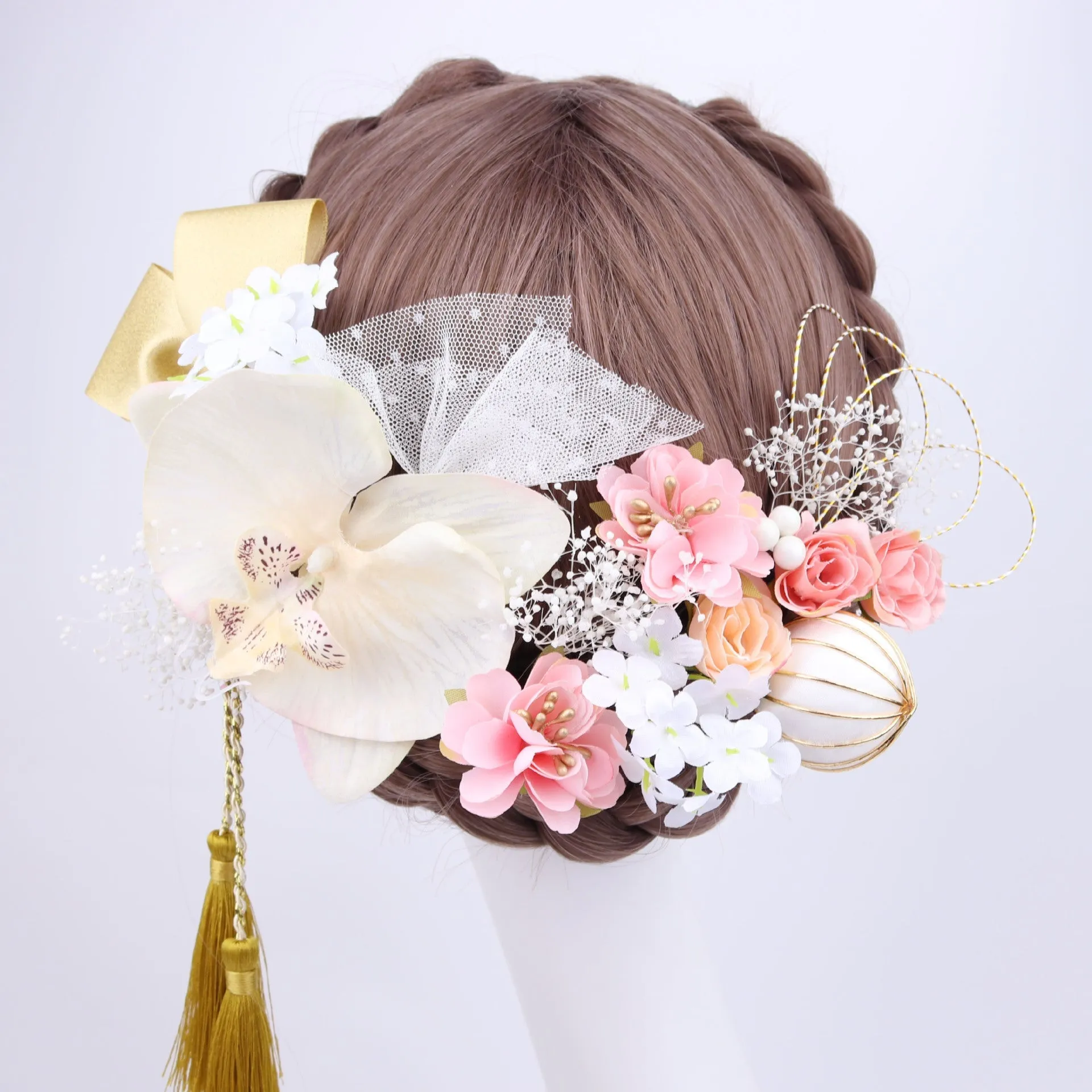 Handmade Tsumami Kanzashi Hairpin 18 Piece Set 【Champagne Wedding】