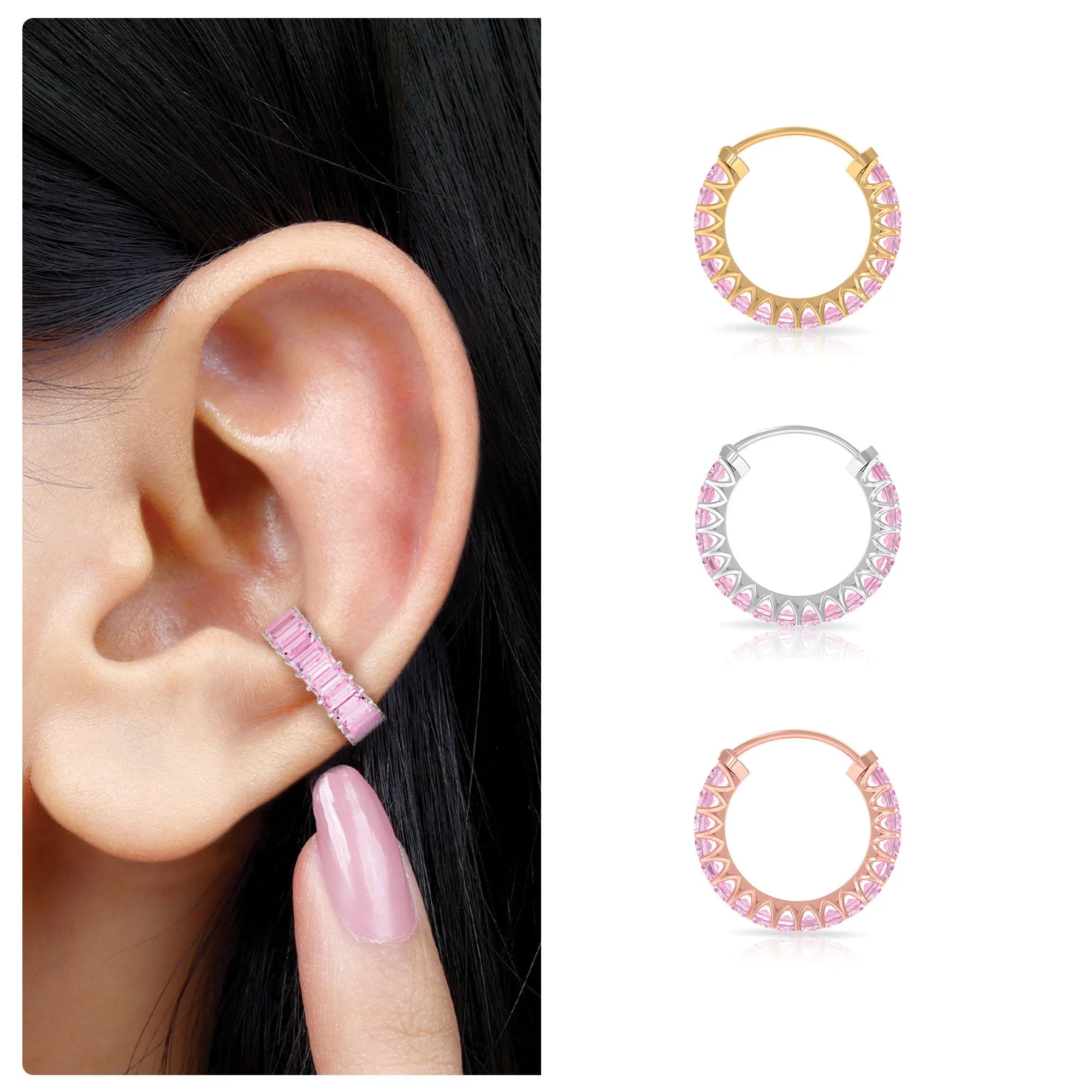 Lab Created Pink Sapphire Conch Hoop Earring in Gold