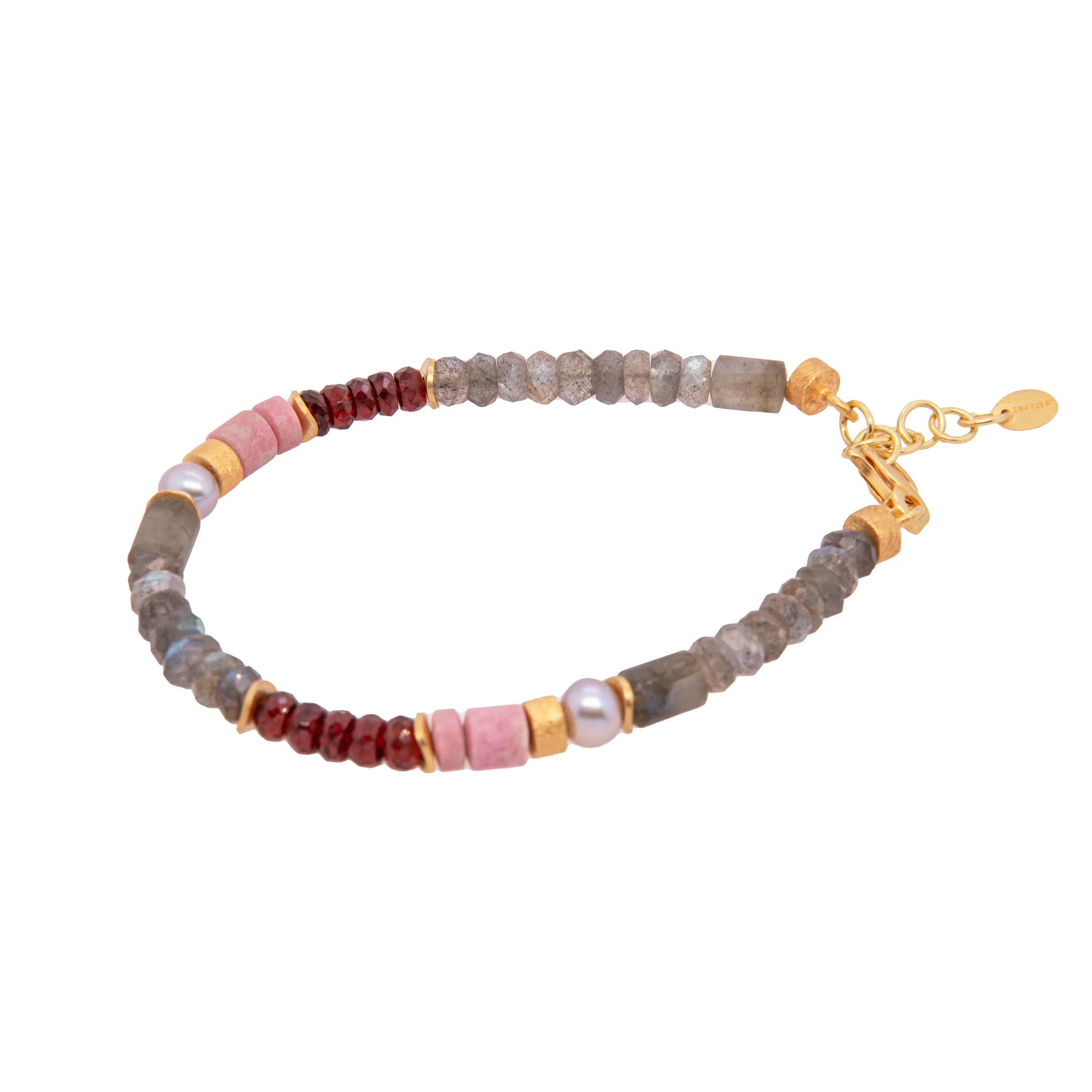 Labradorite, Garnet, Tulite and Grey Pearl 5mm Bracelet 24K Fair Trade Gold Vermeil