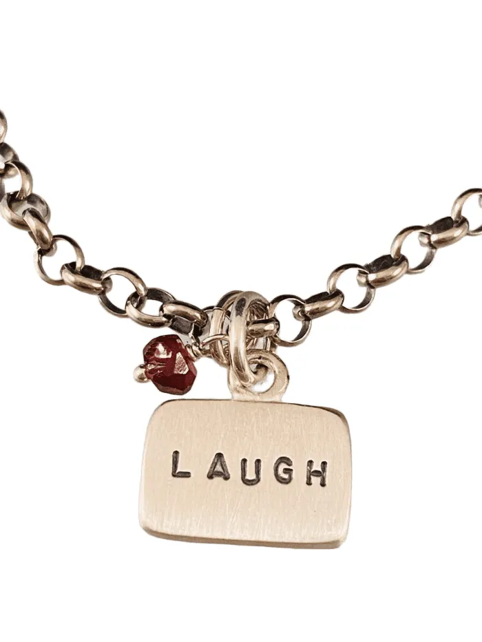 Laugh Sterling Silver Tag Charm Bracelet with Garnet Drop