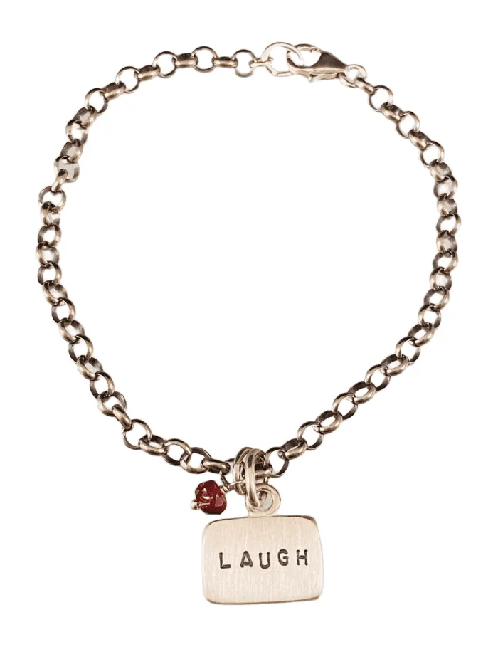 Laugh Sterling Silver Tag Charm Bracelet with Garnet Drop