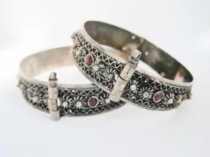 Matching Pair of Silver and Garnet Middle East Bracelets