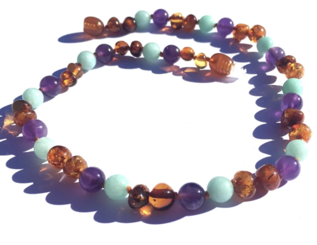 Medium: Momma Goose-Baltic Amber Baby Necklace-Amazonite/Amethyst -1060M||Bluebell