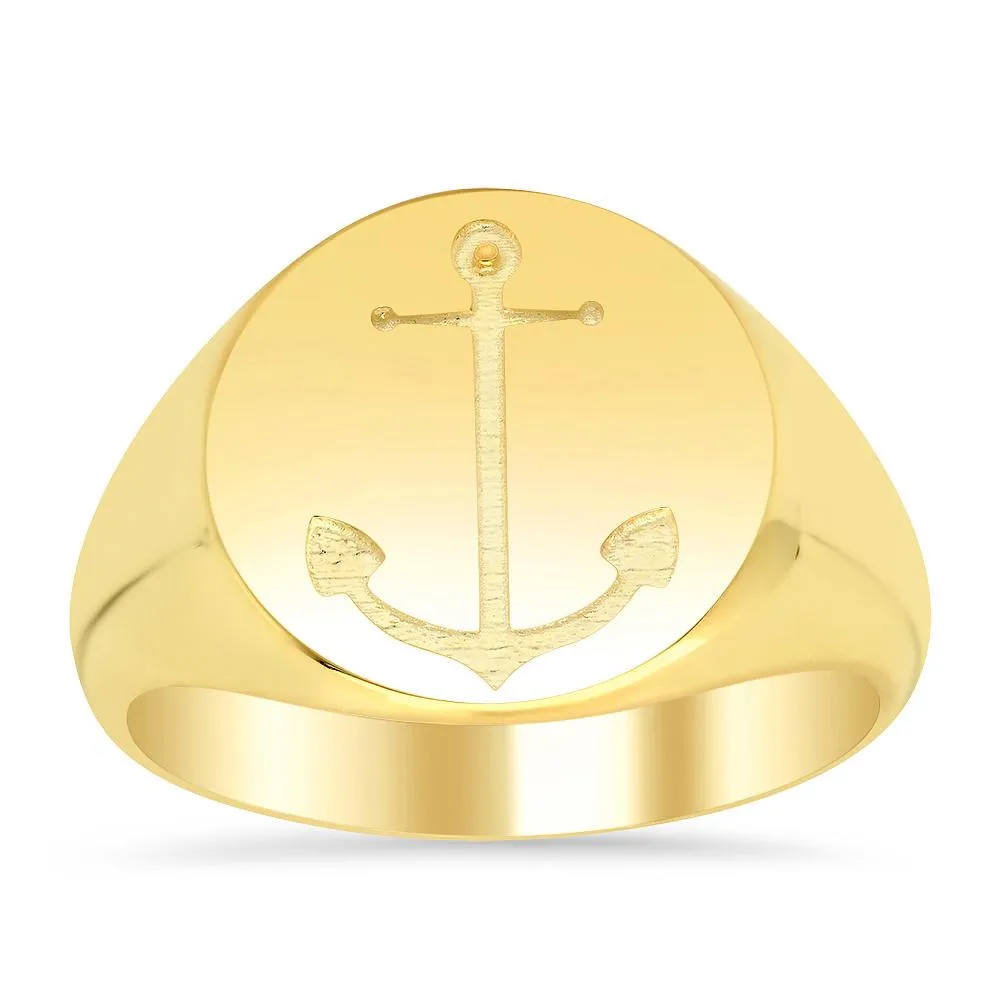 Mens Anchor Signet Ring with Solid Back