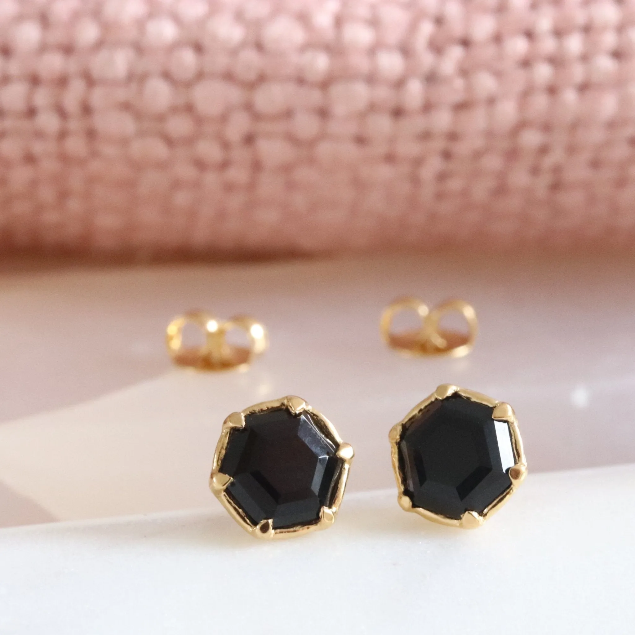 Mini Grace Hexagon Stud Earrings - Black Onyx & Gold