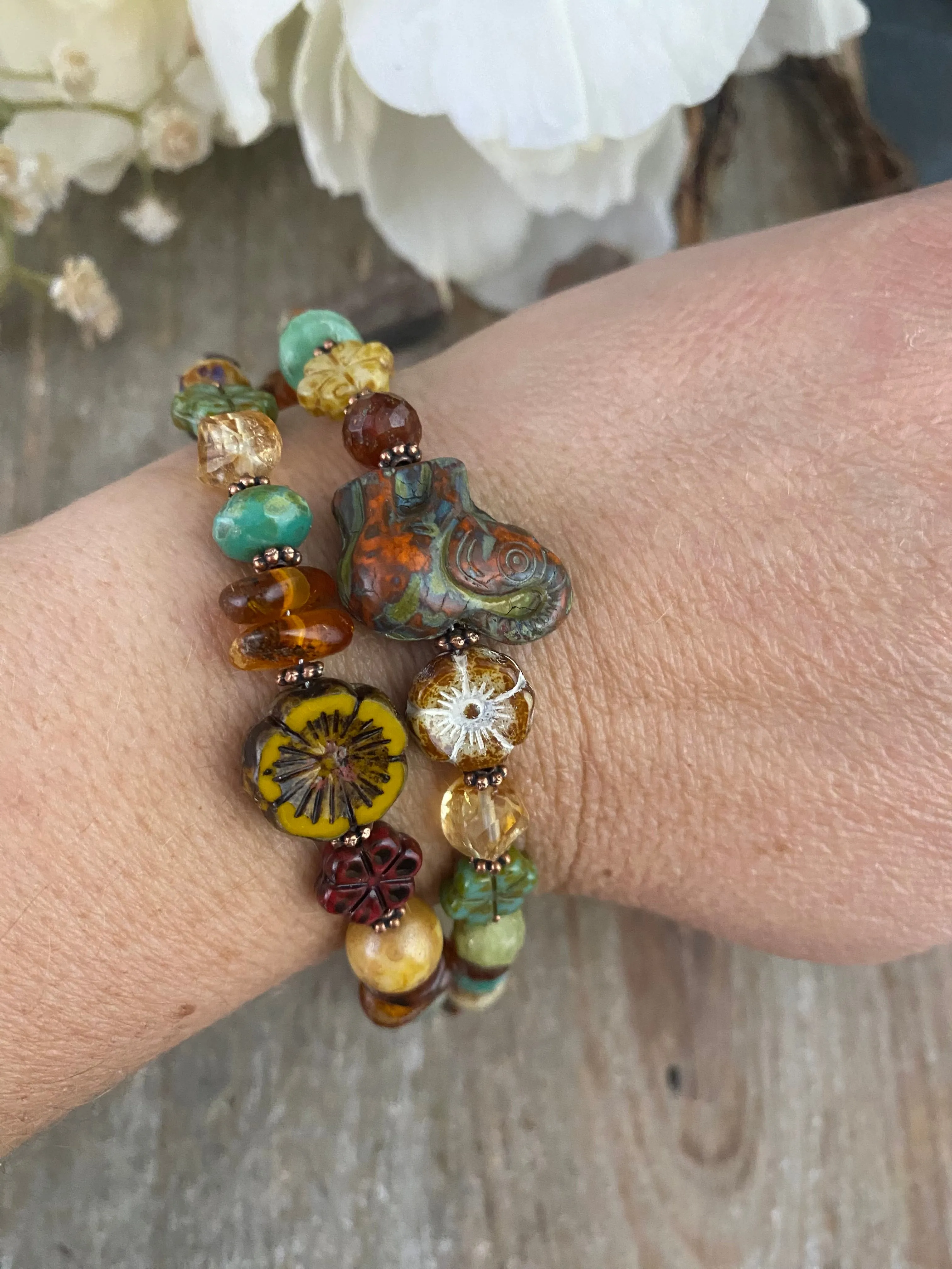 Mixed czech glass, citrine, Amazonite, green garnet, multi strand, bracelet.