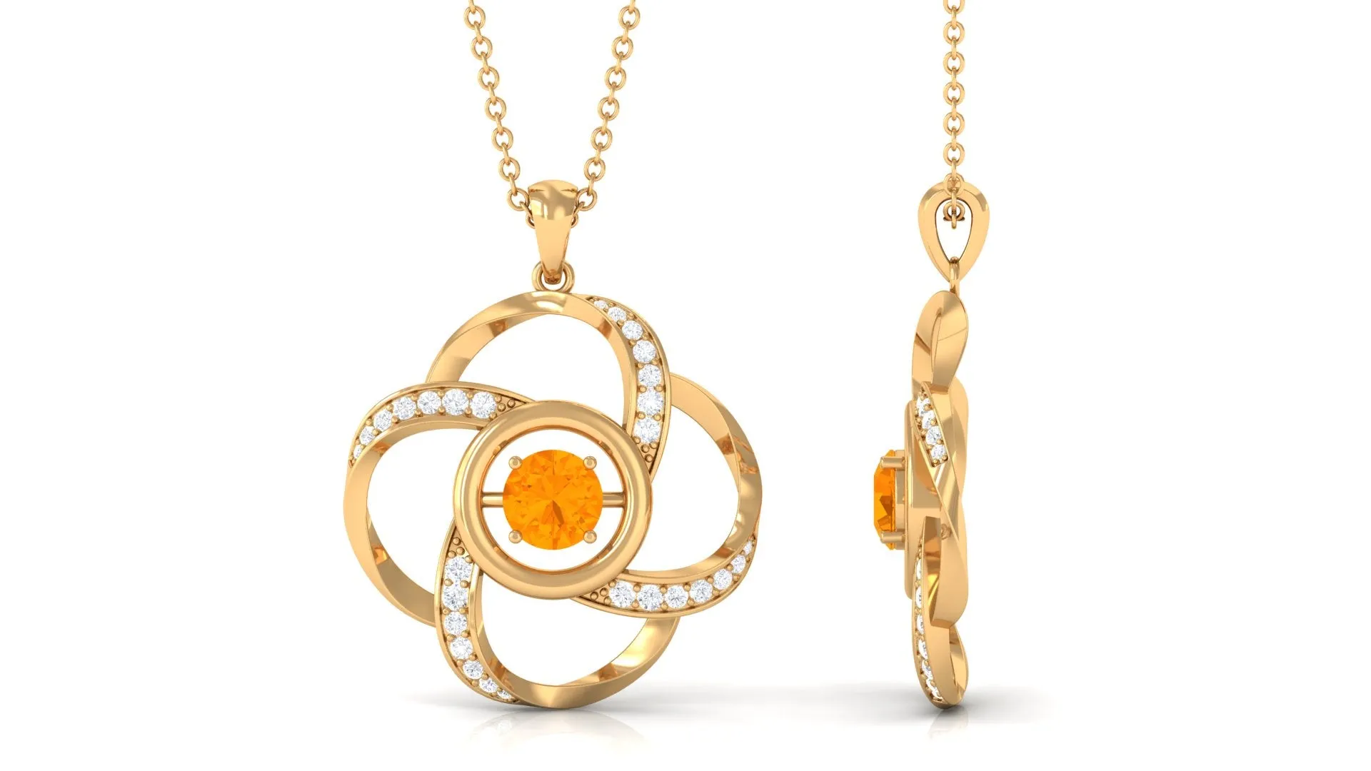 Modern Flower Pendant with Round Fire Opal and Diamond