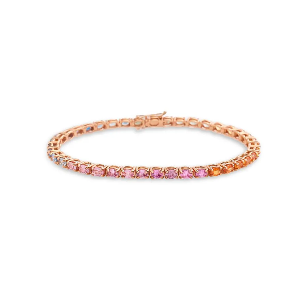 Multicolor Oval Shape Sapphire Tennis Bracelet (10.00 ct.) 4-Prongs Setting in 18K Gold, Made In Italy