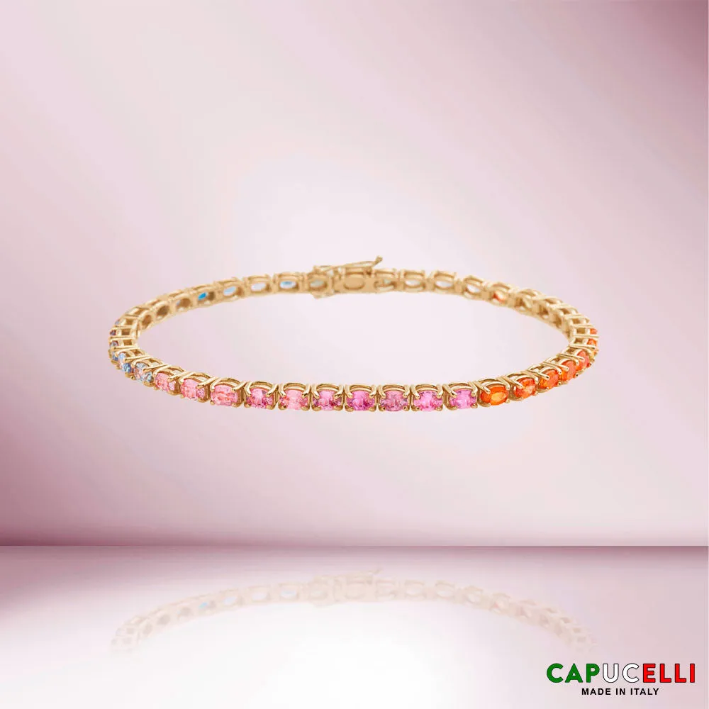 Multicolor Oval Shape Sapphire Tennis Bracelet (10.00 ct.) 4-Prongs Setting in 18K Gold, Made In Italy