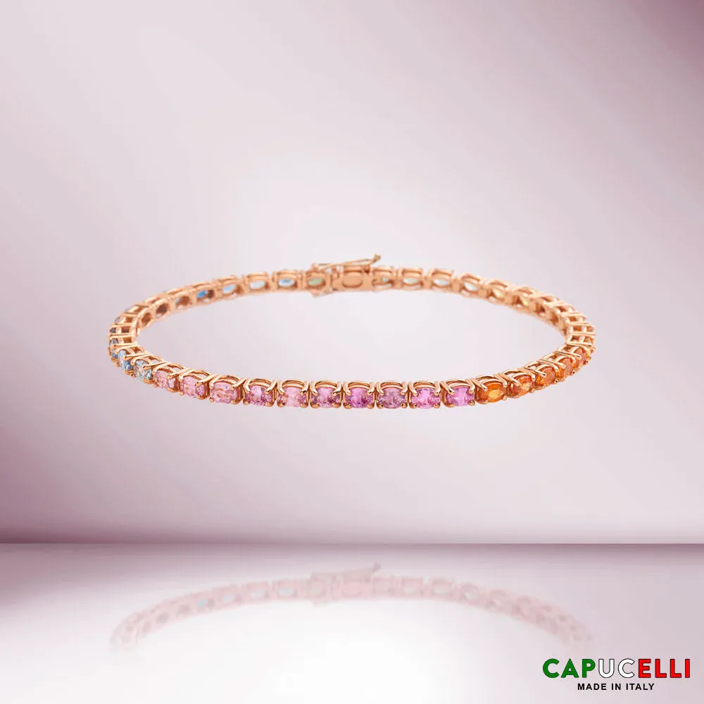 Multicolor Oval Shape Sapphire Tennis Bracelet (10.00 ct.) 4-Prongs Setting in 18K Gold, Made In Italy