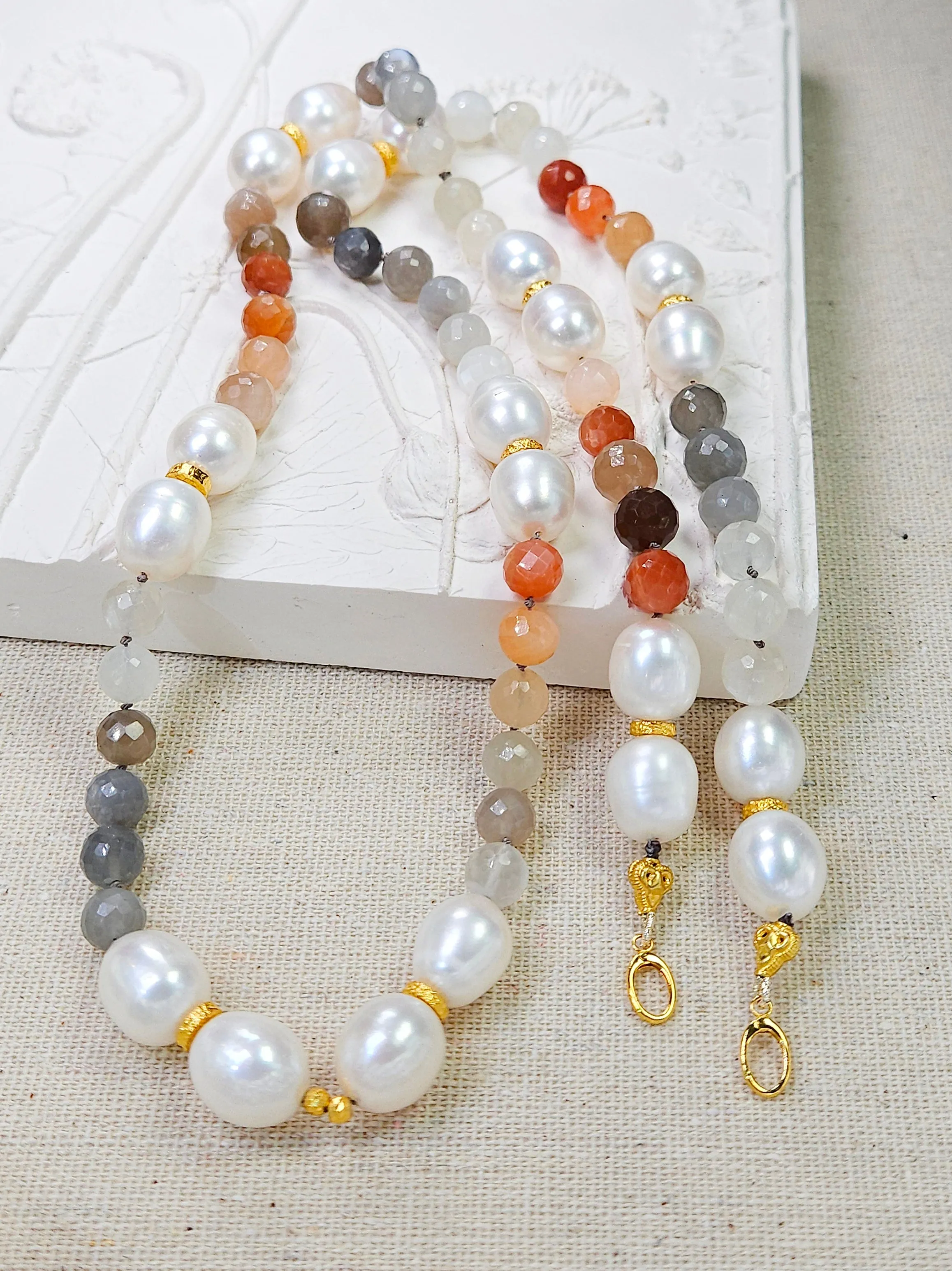 Multicolor White Peach Grey Moonstone Freshwater Pearl Genuine Gemstone 18K Yellow Gold Long Necklace 30" | Indulgems | Designs in Real Gold