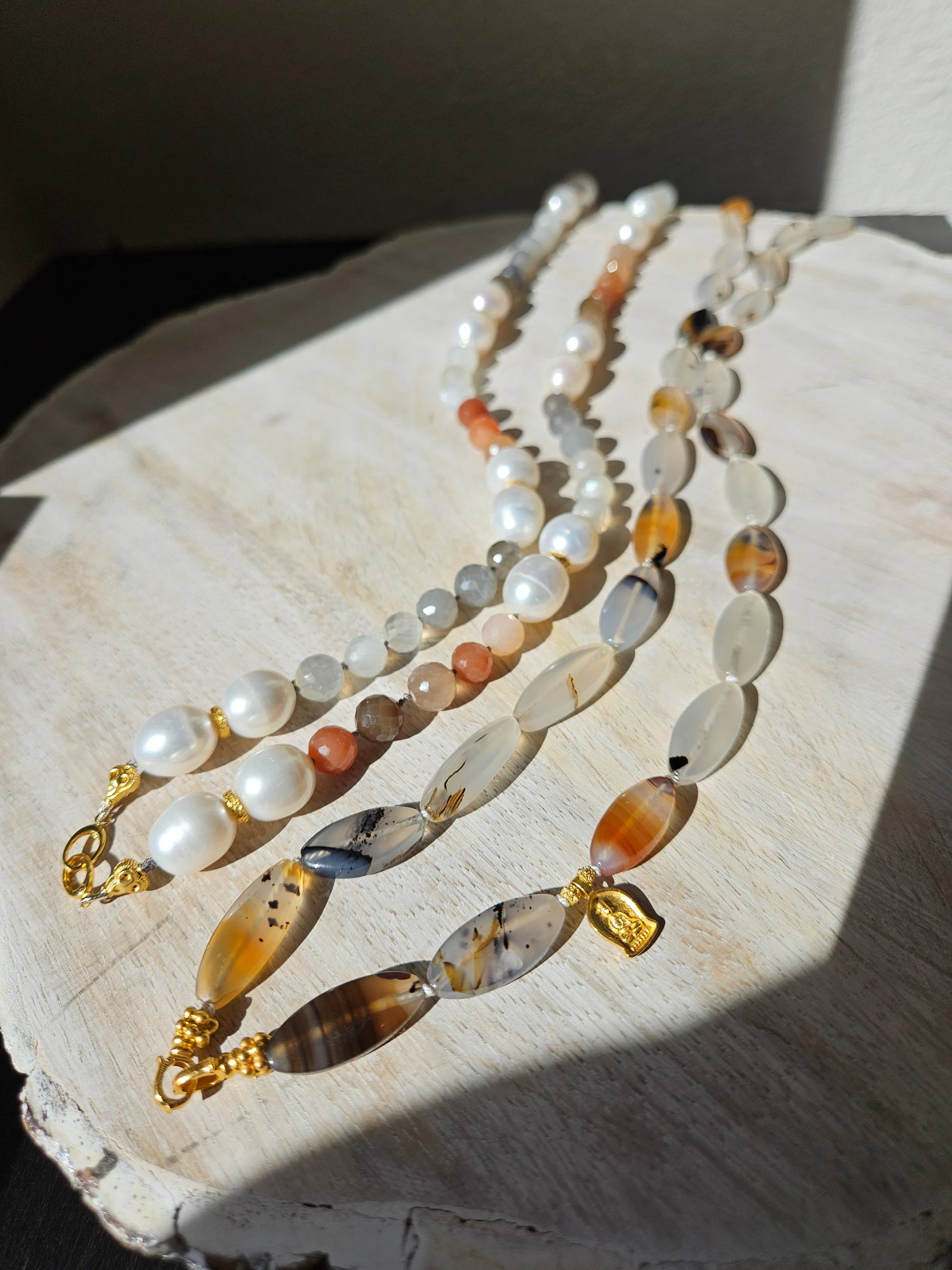 Multicolor White Peach Grey Moonstone Freshwater Pearl Genuine Gemstone 18K Yellow Gold Long Necklace 30" | Indulgems | Designs in Real Gold