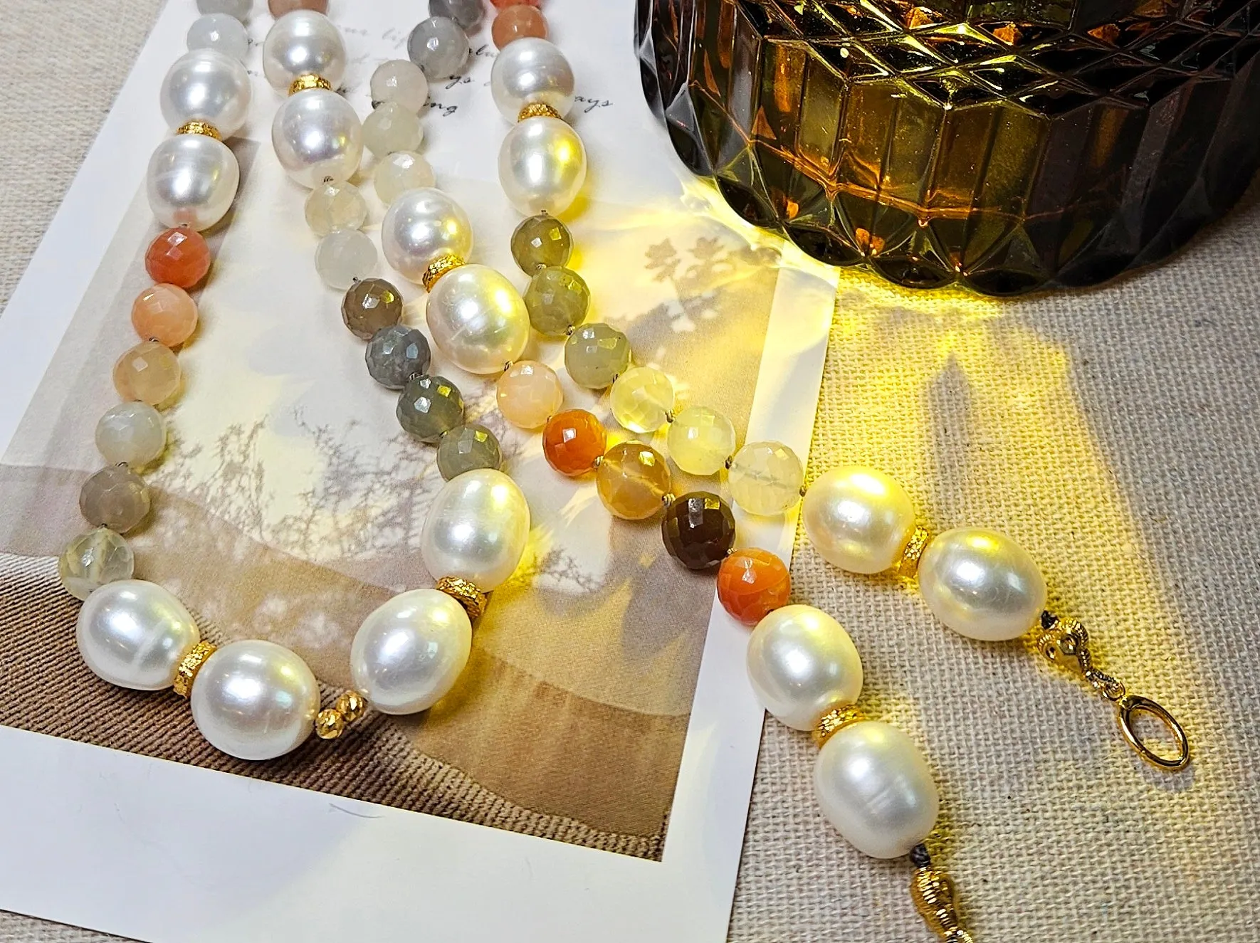 Multicolor White Peach Grey Moonstone Freshwater Pearl Genuine Gemstone 18K Yellow Gold Long Necklace 30" | Indulgems | Designs in Real Gold