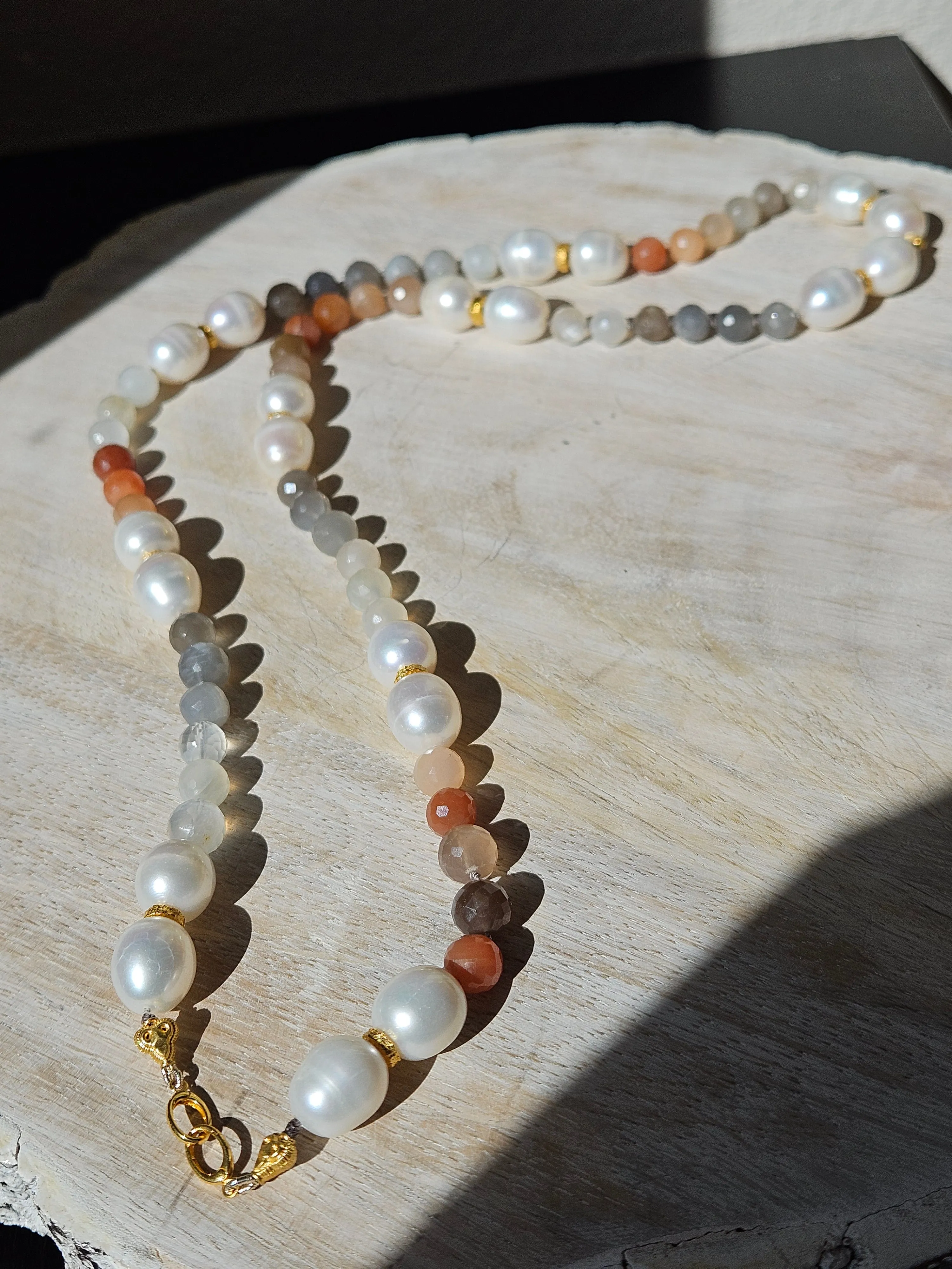 Multicolor White Peach Grey Moonstone Freshwater Pearl Genuine Gemstone 18K Yellow Gold Long Necklace 30" | Indulgems | Designs in Real Gold