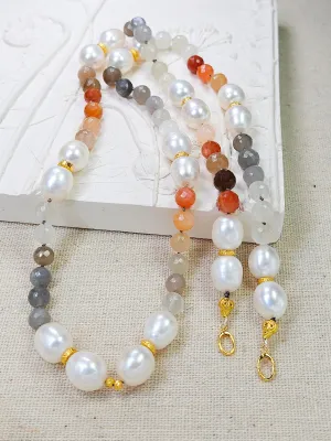 Multicolor White Peach Grey Moonstone Freshwater Pearl Genuine Gemstone 18K Yellow Gold Long Necklace 30" | Indulgems | Designs in Real Gold