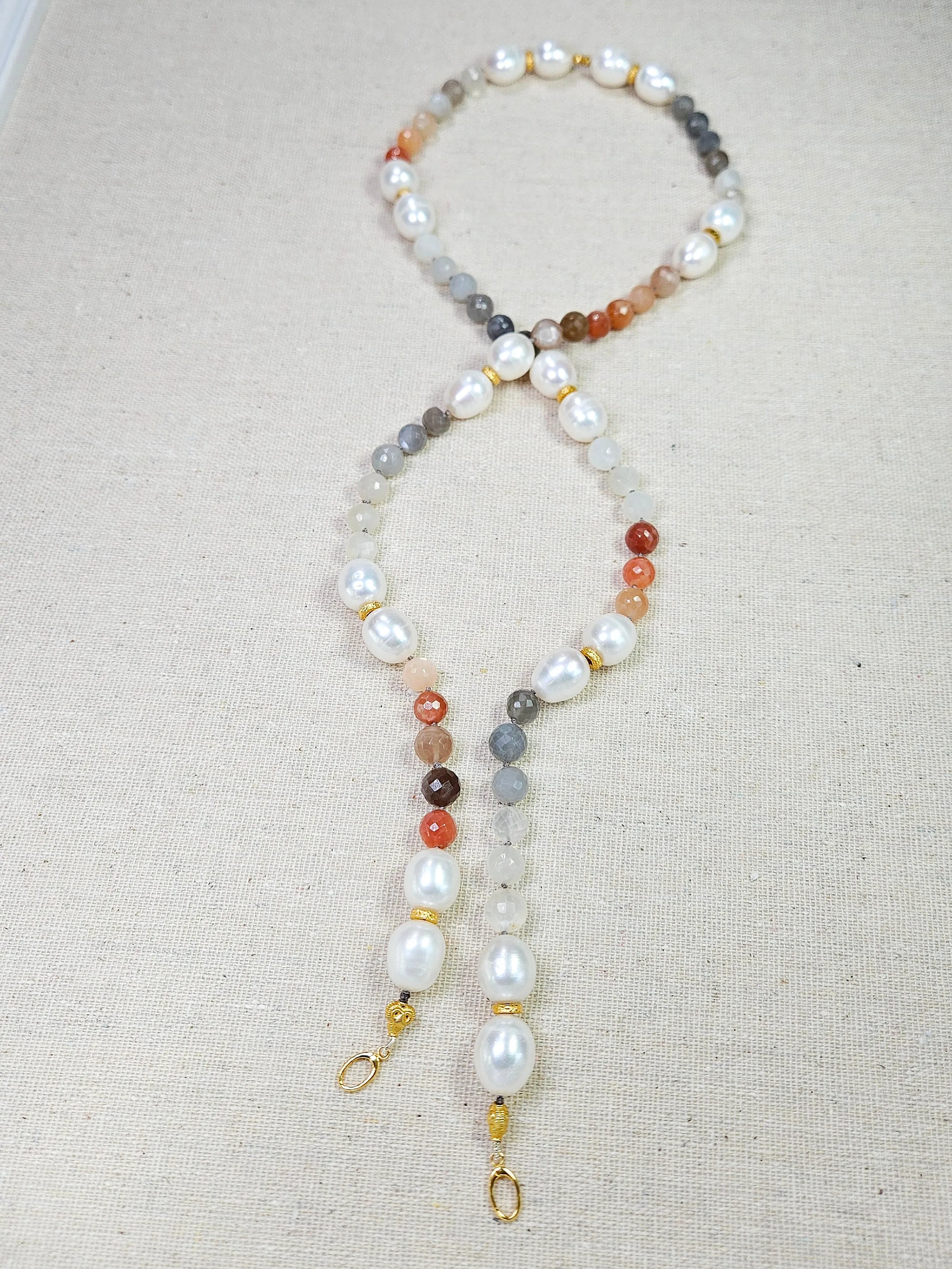 Multicolor White Peach Grey Moonstone Freshwater Pearl Genuine Gemstone 18K Yellow Gold Long Necklace 30" | Indulgems | Designs in Real Gold