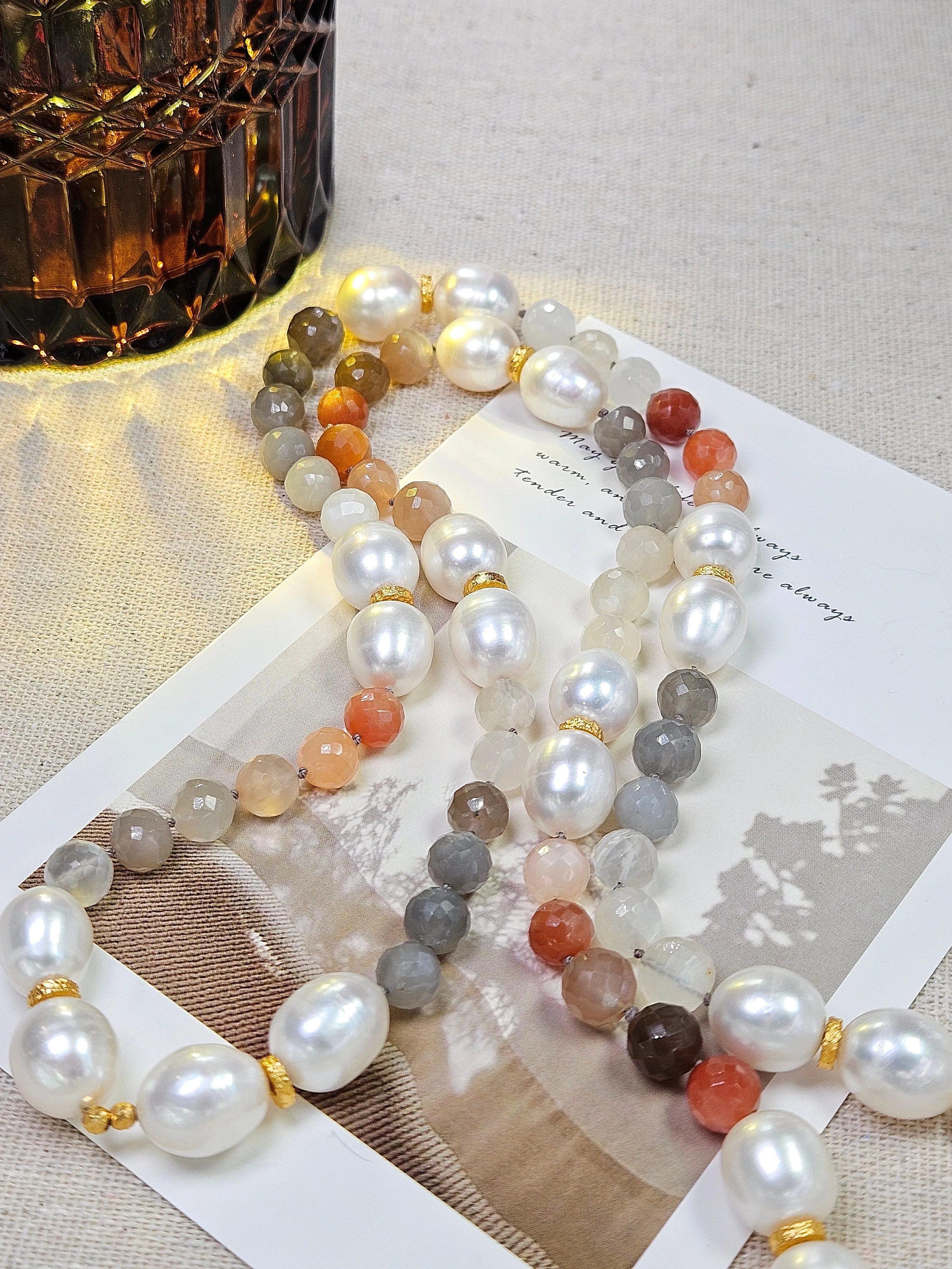 Multicolor White Peach Grey Moonstone Freshwater Pearl Genuine Gemstone 18K Yellow Gold Long Necklace 30" | Indulgems | Designs in Real Gold