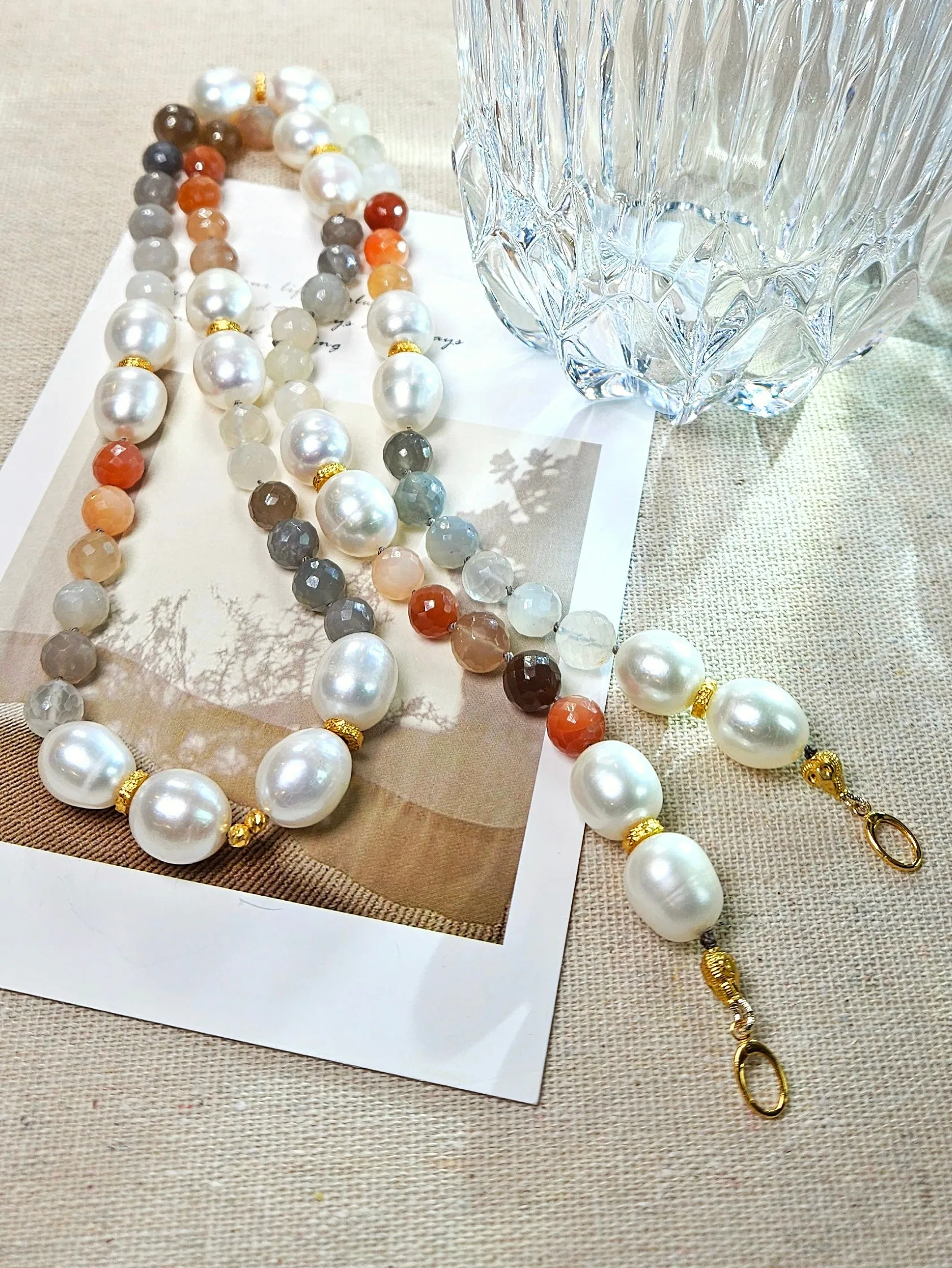 Multicolor White Peach Grey Moonstone Freshwater Pearl Genuine Gemstone 18K Yellow Gold Long Necklace 30" | Indulgems | Designs in Real Gold