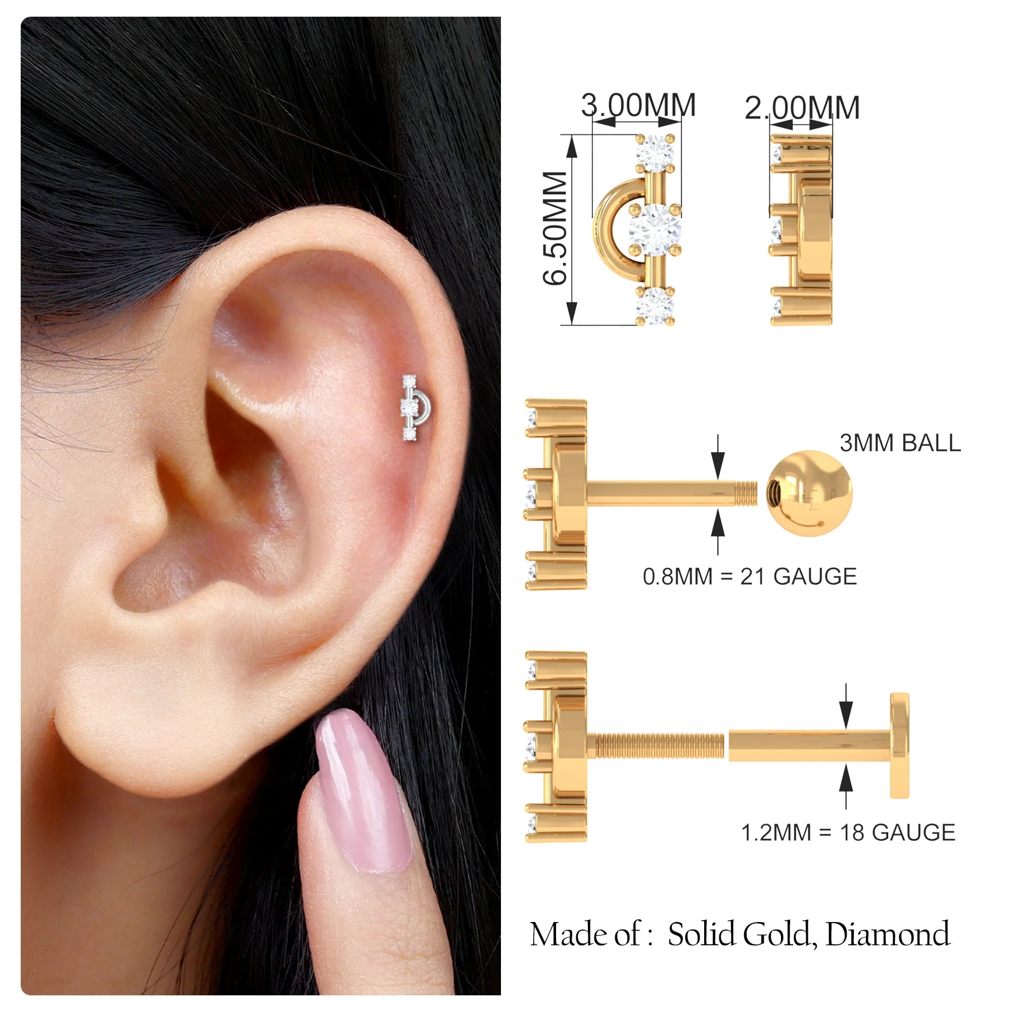 Natural Diamond Unique Tragus Earring in Gold