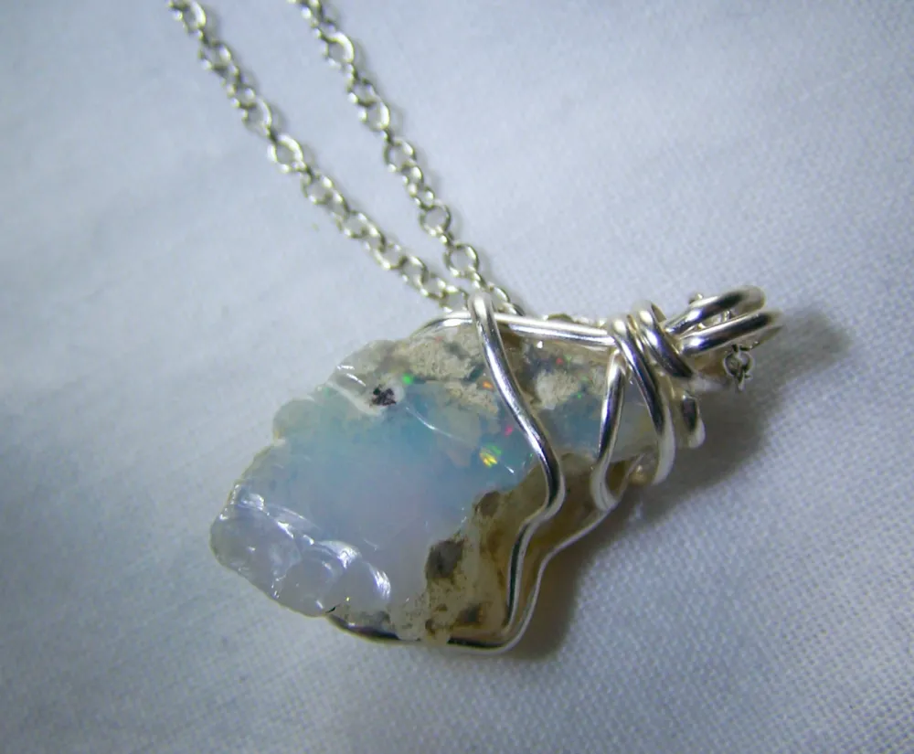 Natural Raw Welo Opal Gemstone Wire Wrapped Crystal Pendant