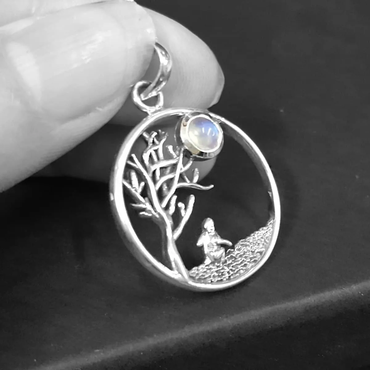 NEW: Hare Moon Tree Necklace - Rainbow Moonstone