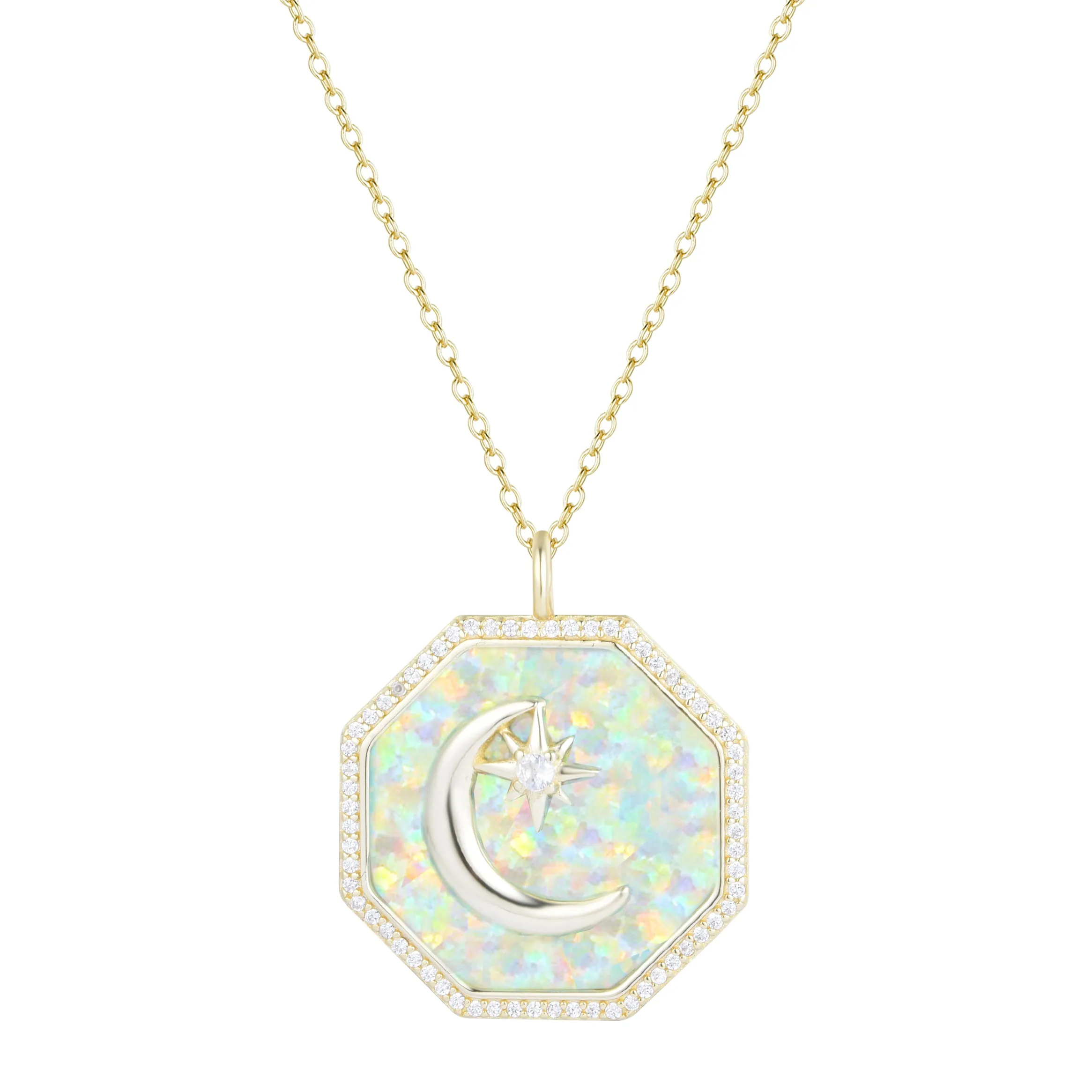 Octagon Moon Medallion Necklace - Opal