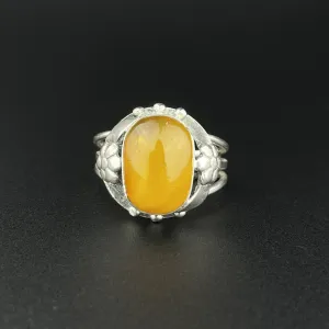 ON HOLD Silver Art Nouveau Butterscotch Amber Cabochon Ring, Sz 8