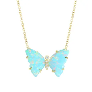 Opal and Turquoise Butterfly Necklace with Diamonds and Prongs