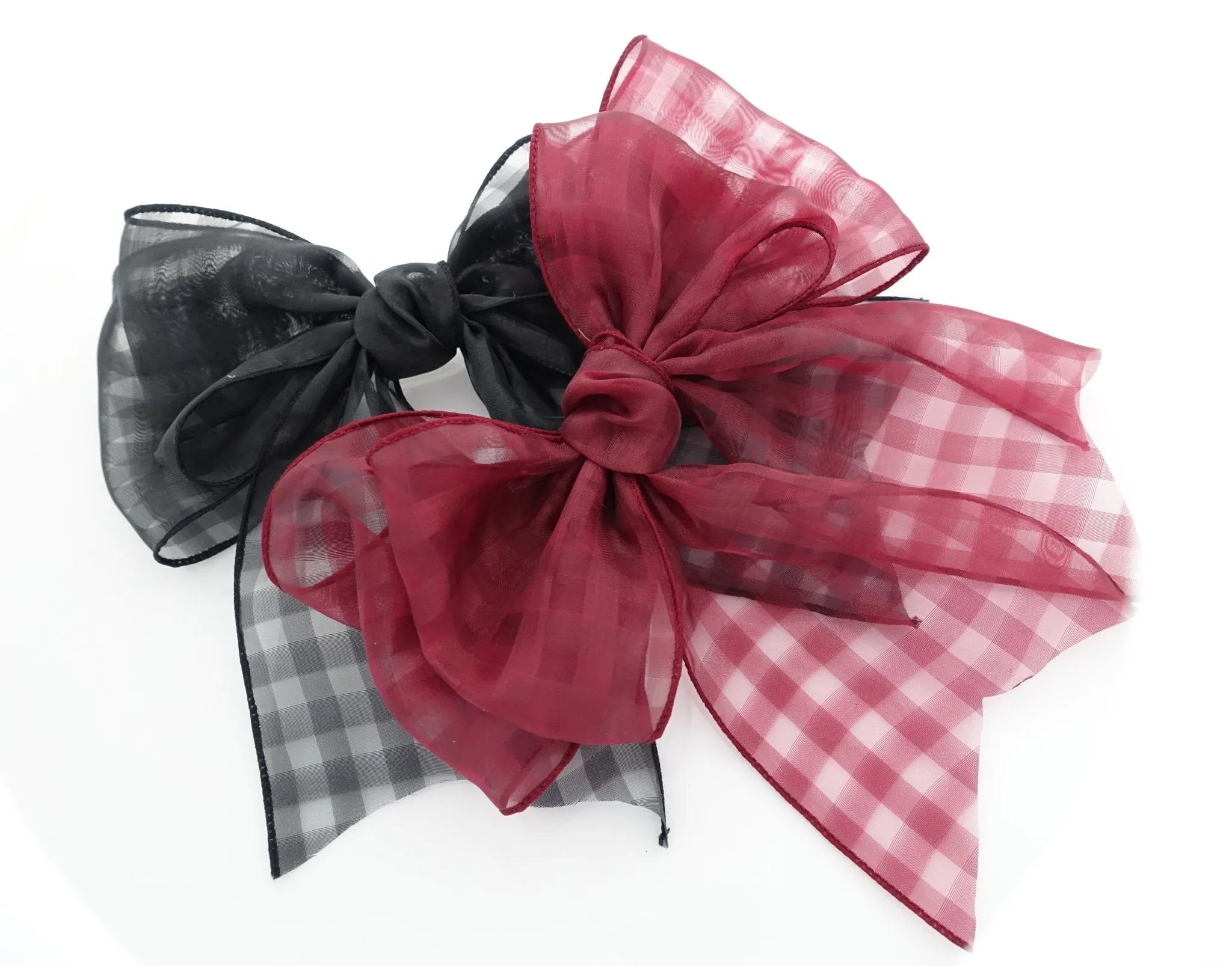 Organdy Fine Mesh Check Solid Big Bow French Hair Barrette for Women