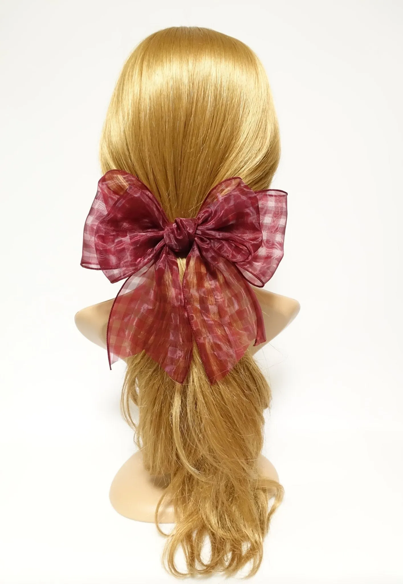 Organdy Fine Mesh Check Solid Big Bow French Hair Barrette for Women