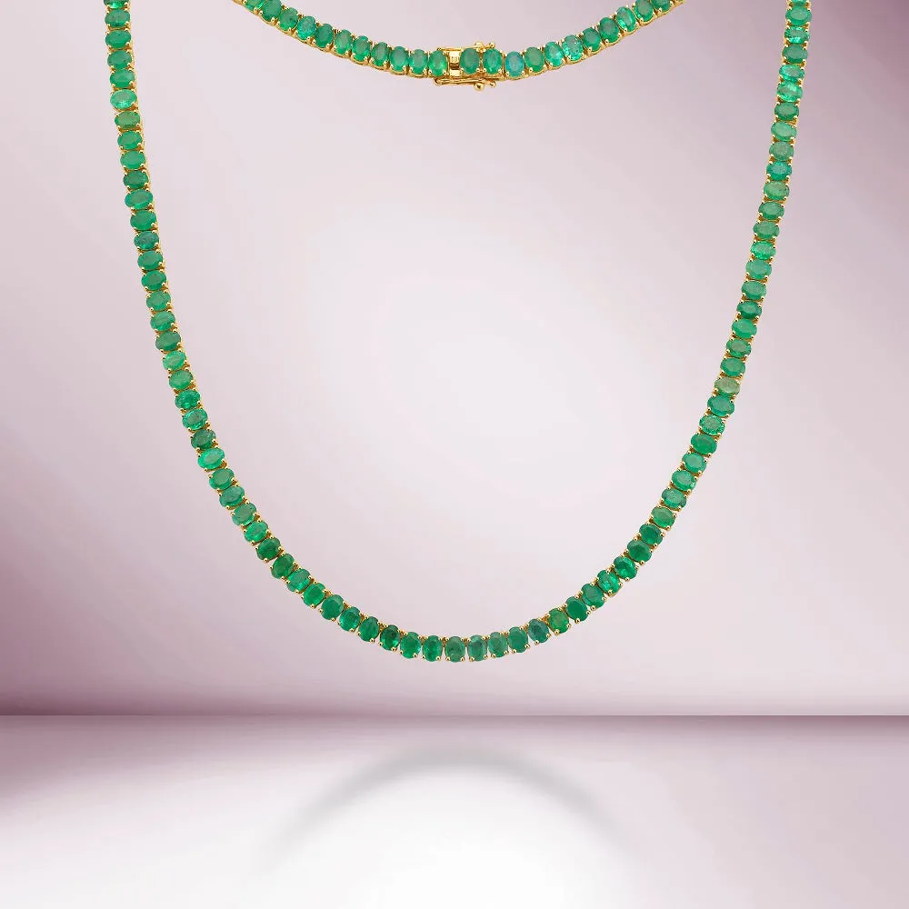 Oval Shape Emerald Tennis Necklace ( 19.00 ct.) 4-Prongs Setting in 14K Gold