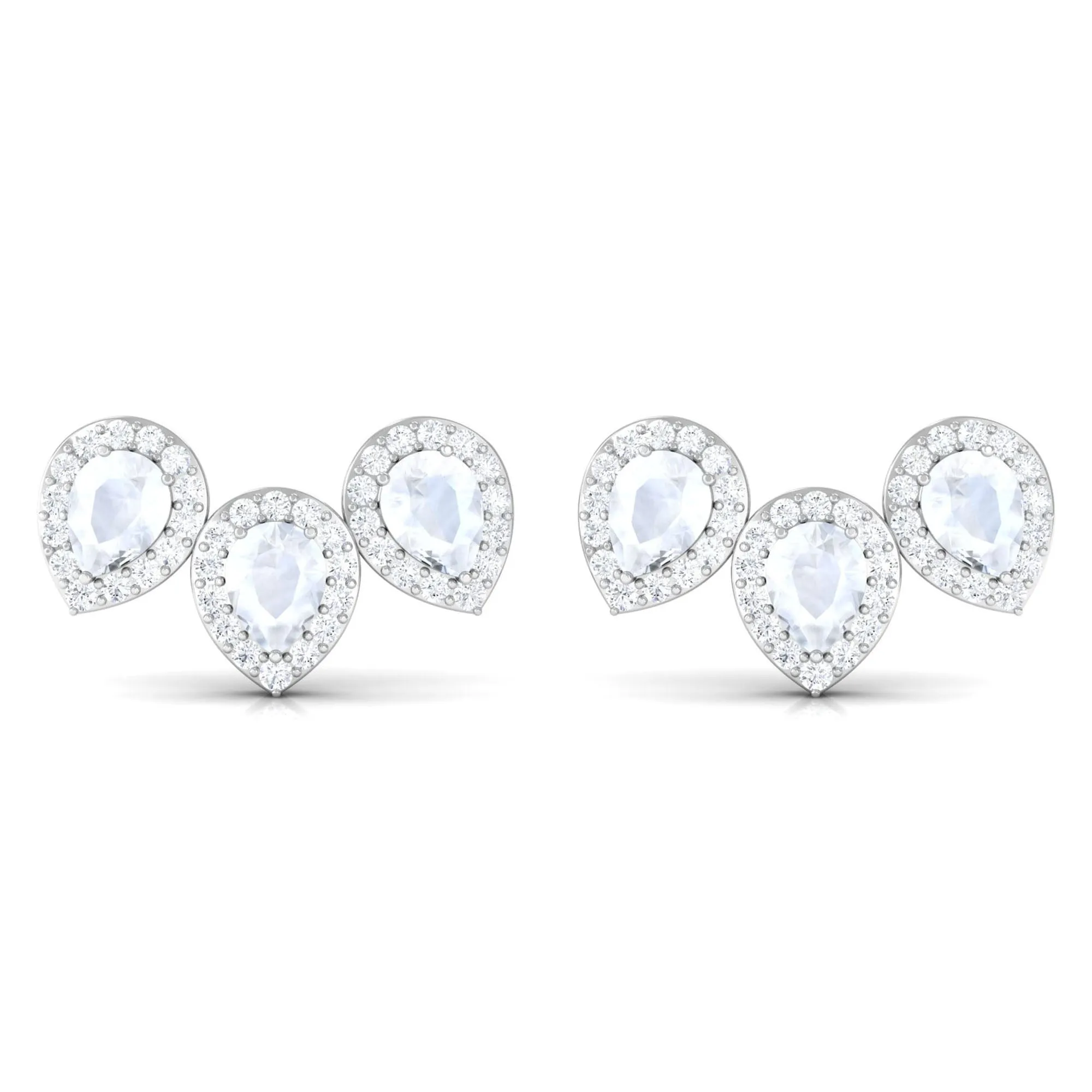 Pear Shape Moonstone Three Stone Bridal Stud Earrings with Diamond Halo