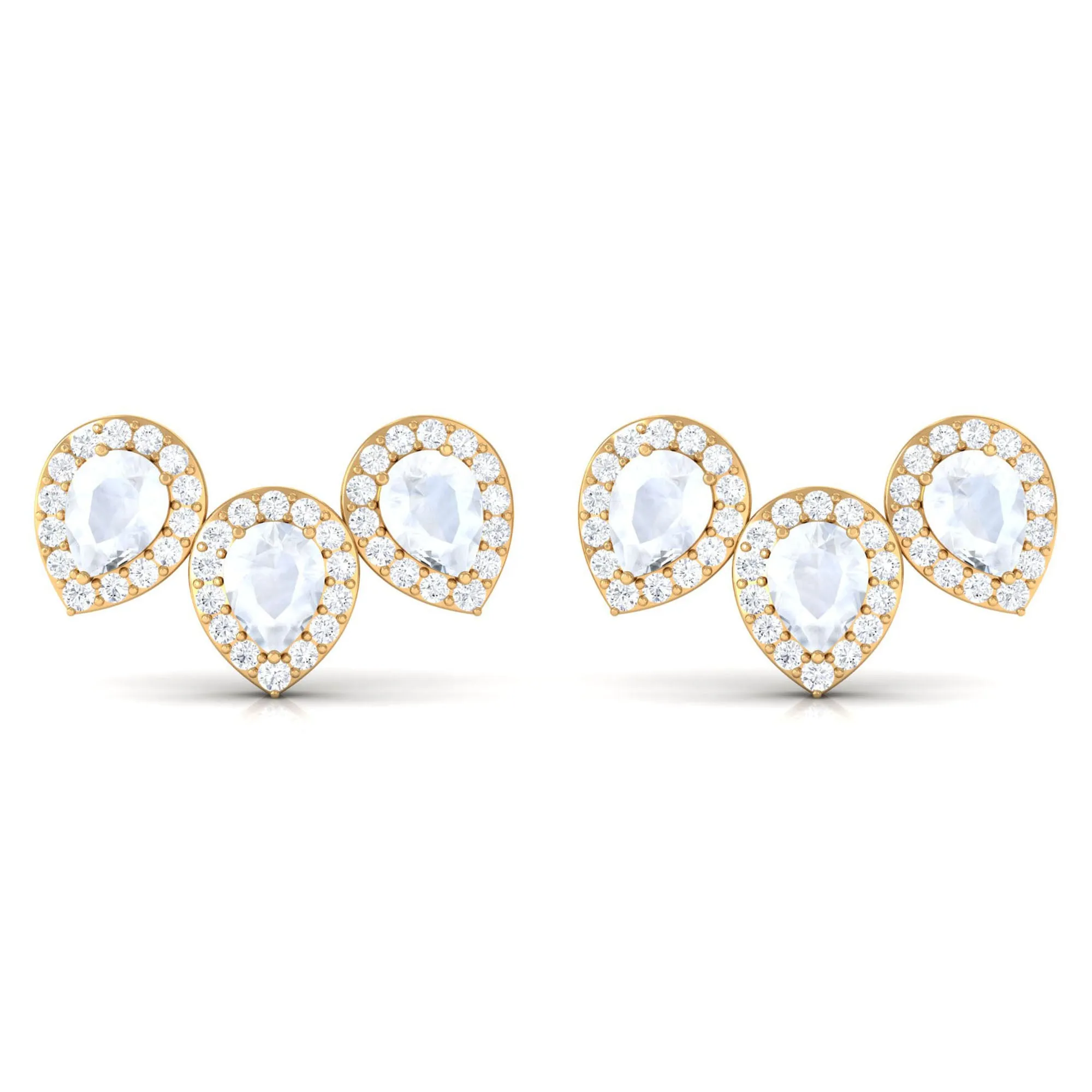 Pear Shape Moonstone Three Stone Bridal Stud Earrings with Diamond Halo