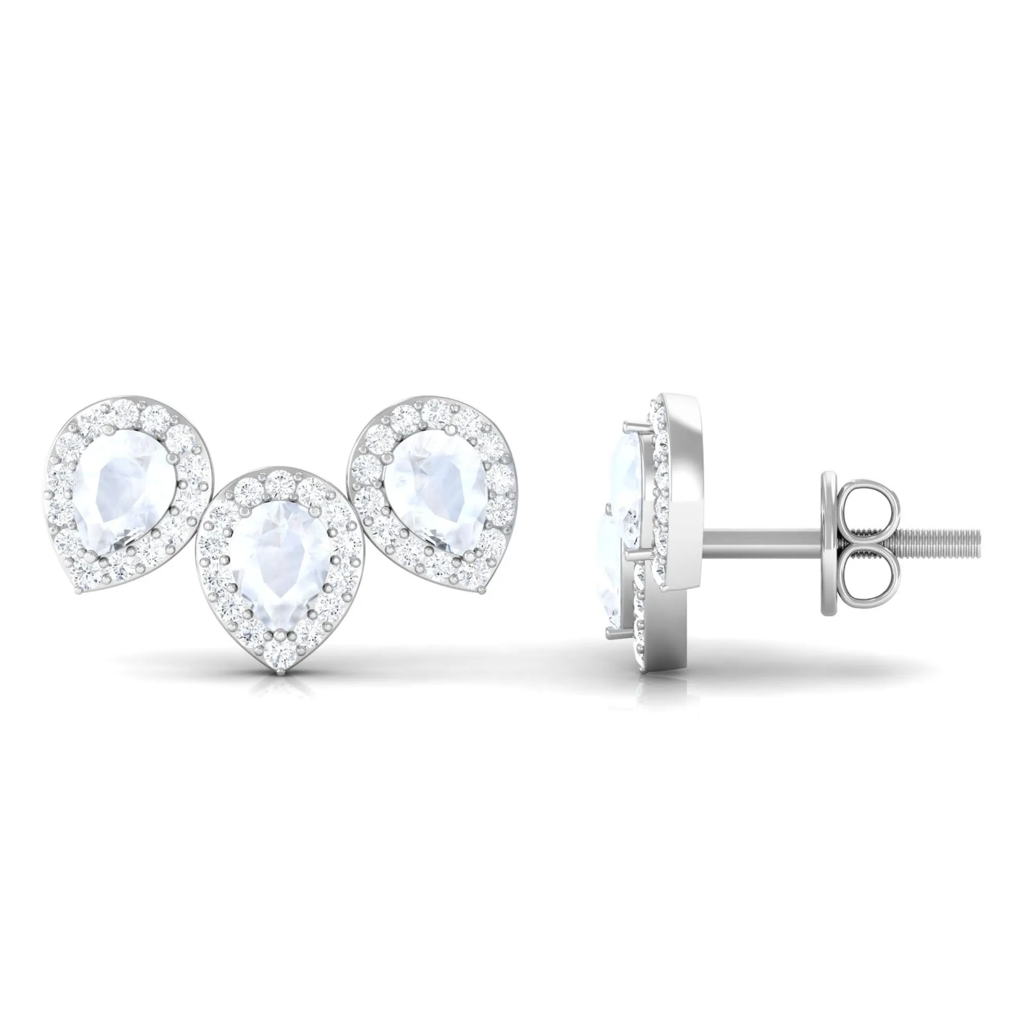 Pear Shape Moonstone Three Stone Bridal Stud Earrings with Diamond Halo