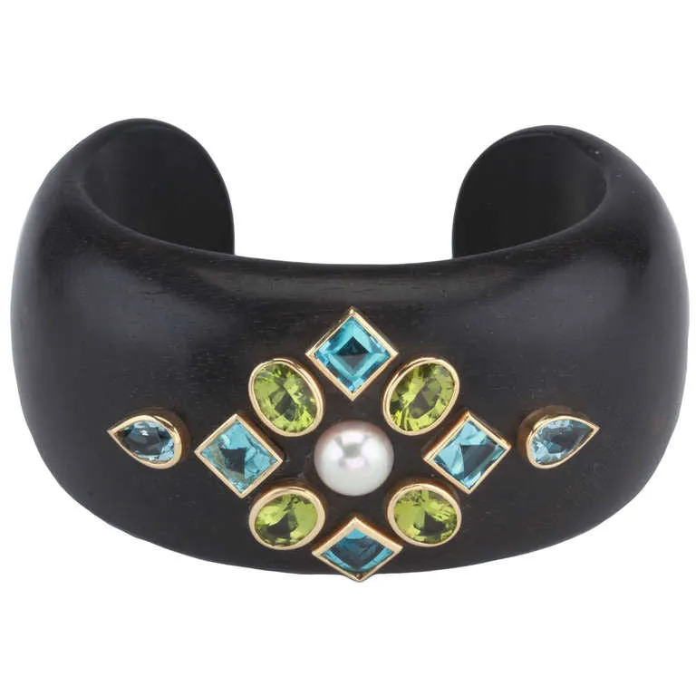 Peridot Blue Topaz Pearl Wood Cuff Bracelet