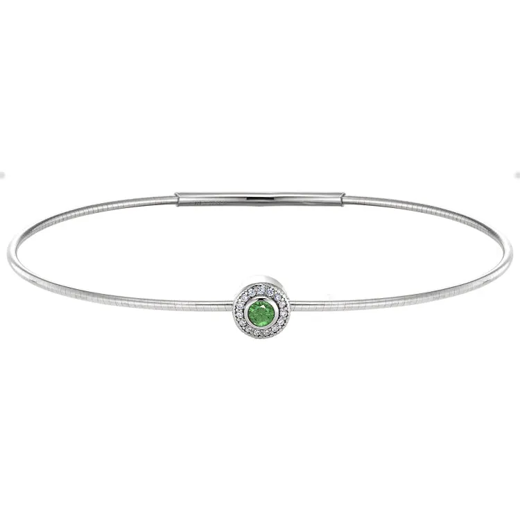 Platinum Finish Sterling Silver Round Simulated Peridot Birth Gem Bracelet with Simulated Diamonds