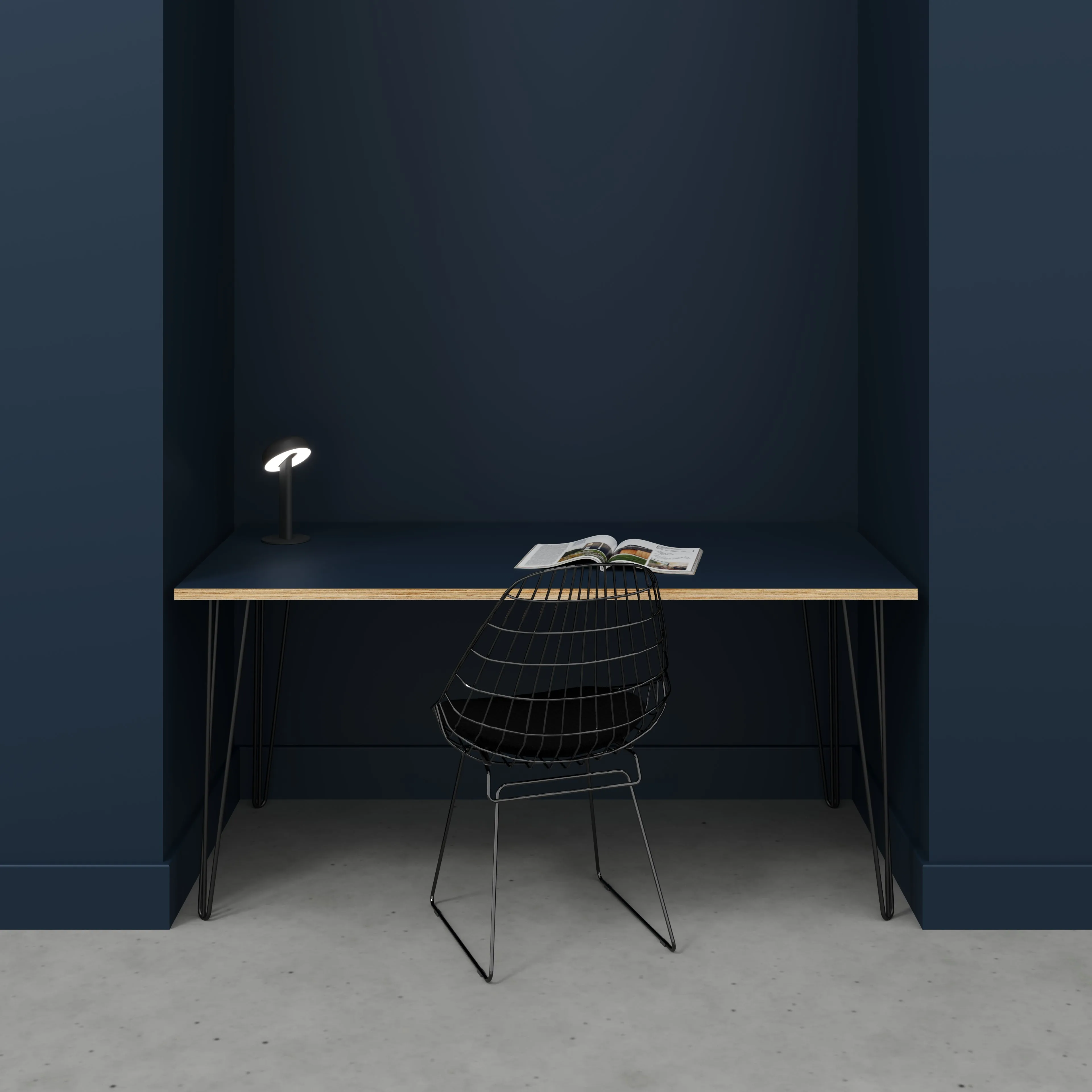 Plywood Desk with Black Hairpin Legs - Formica Night Sea Blue - 1600(w) x 800(d) x 735(h)